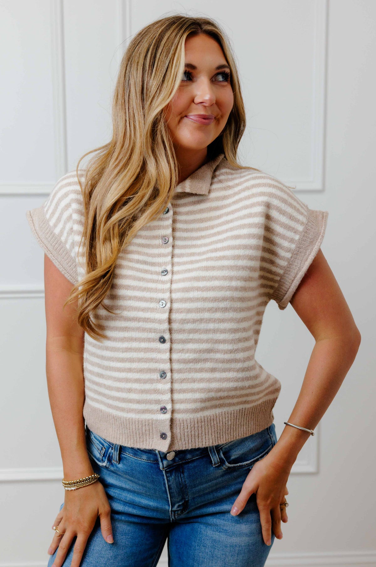 Taupe Striped Short Sleeve Sweater