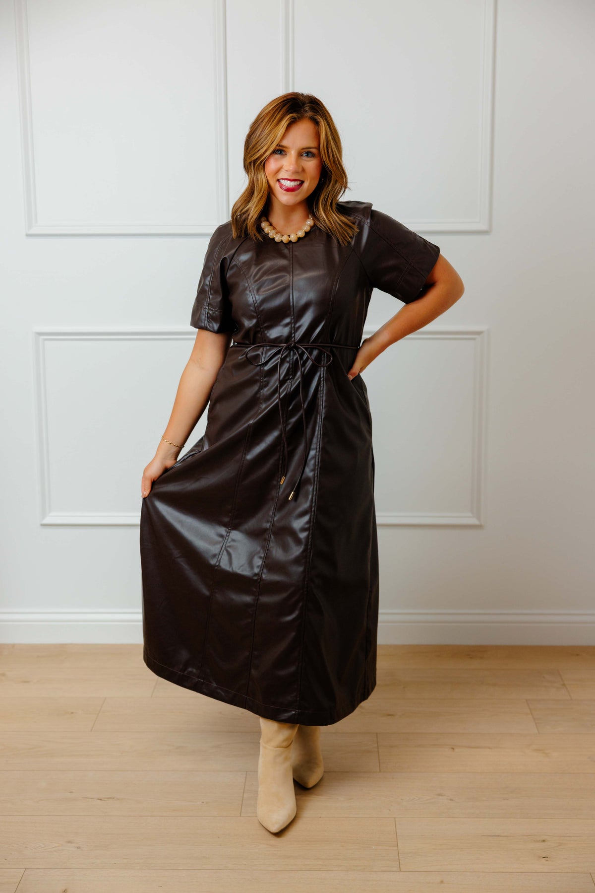 Brown Tie Leather Midi Dress