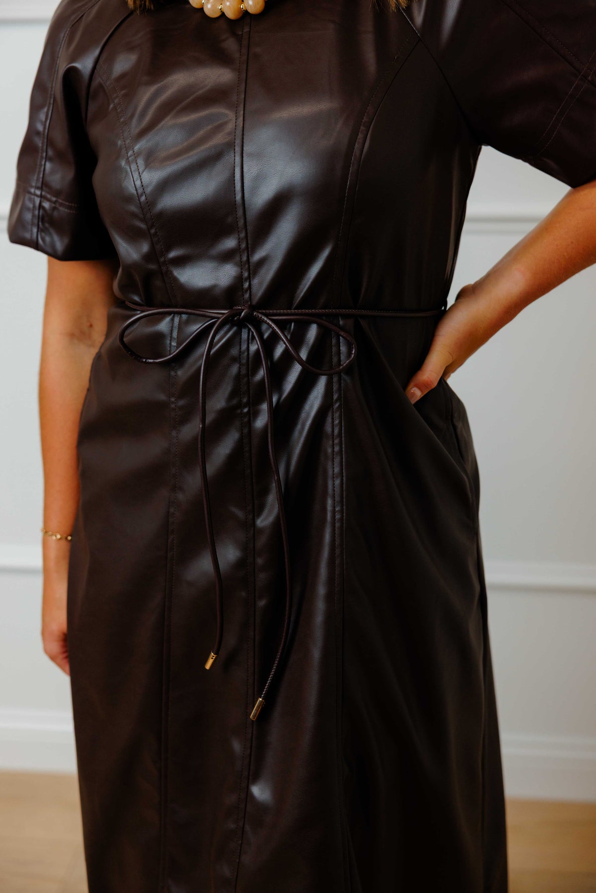 Brown Tie Leather Midi Dress
