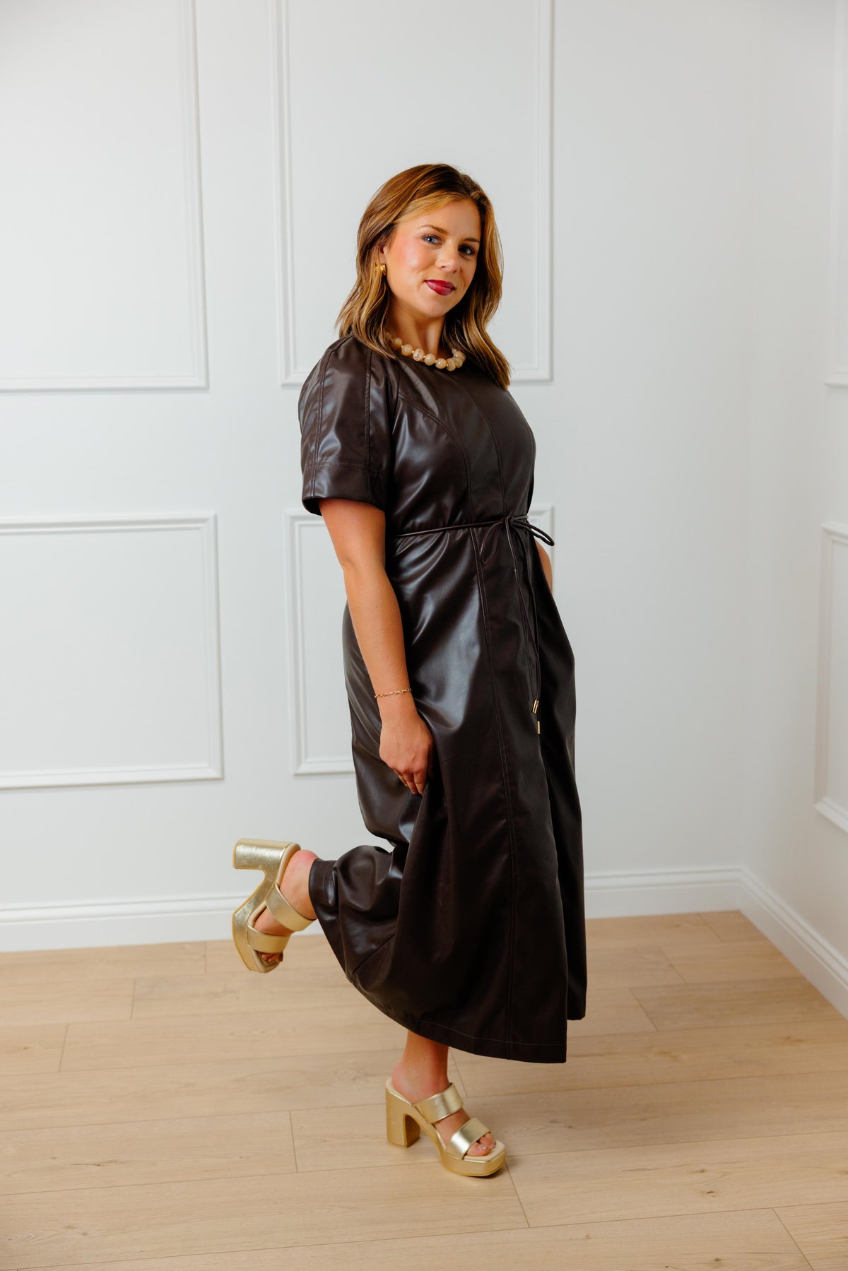 Brown Tie Leather Midi Dress