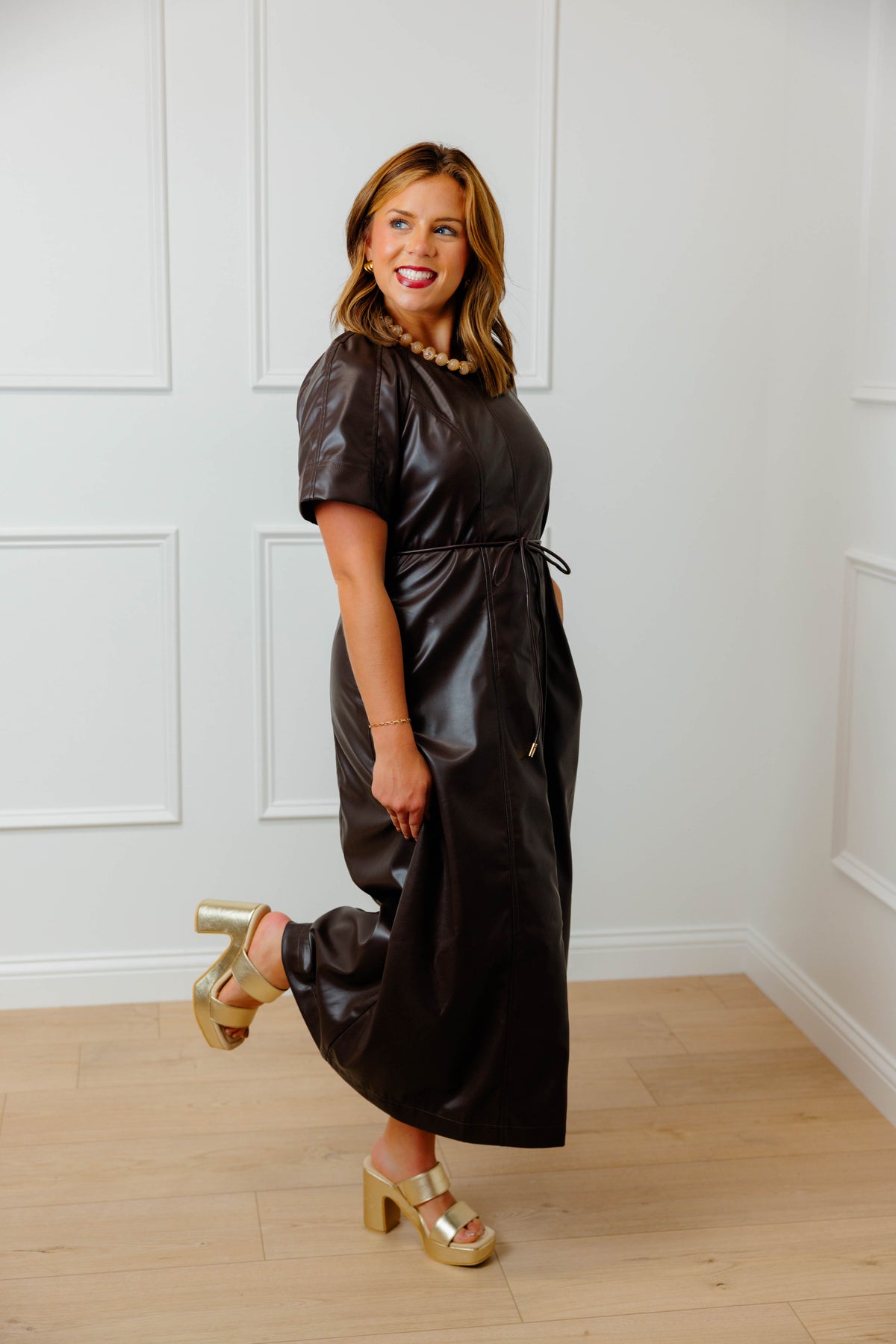 Brown Tie Leather Midi Dress