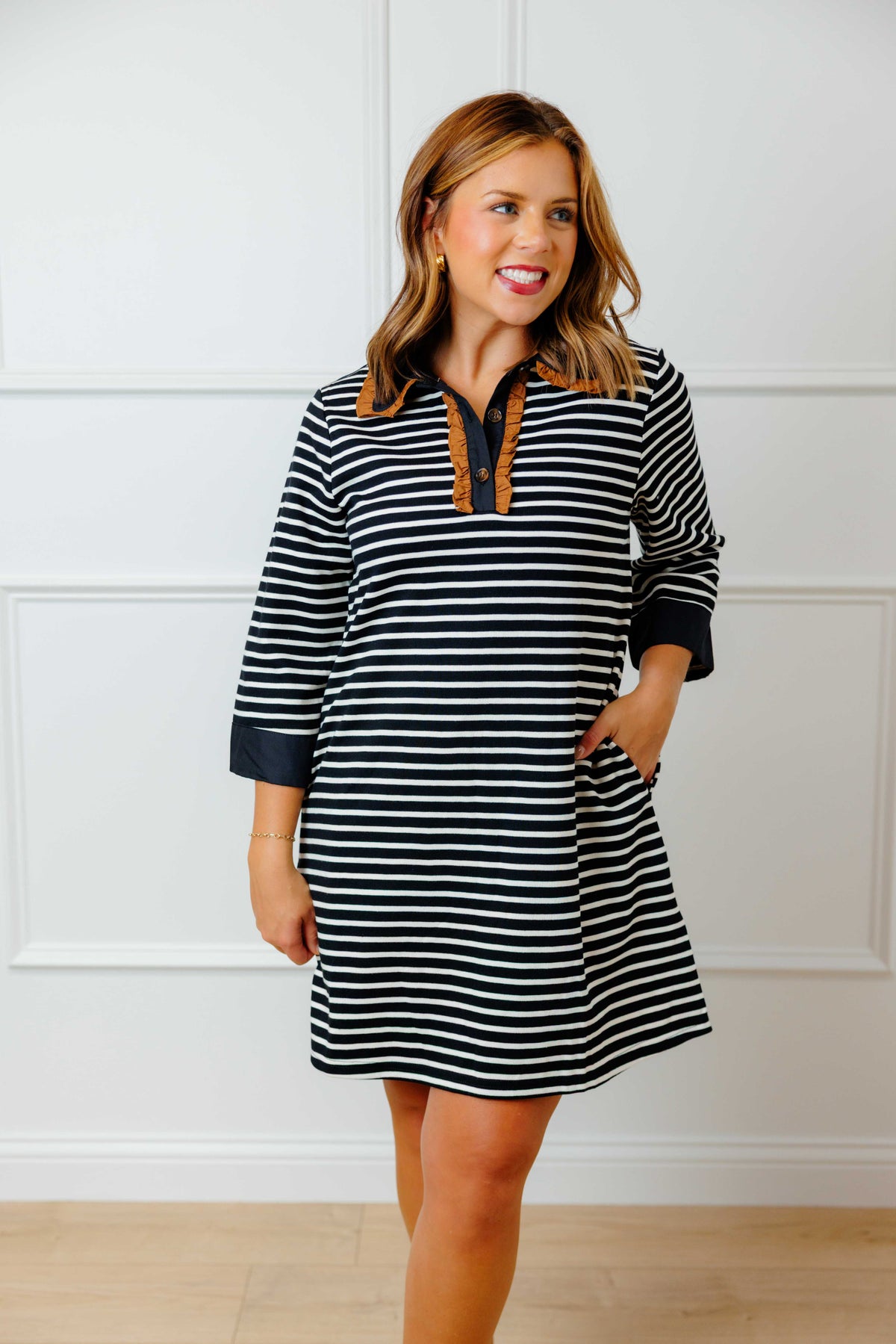 Black Striped Ruffle Shift Dress
