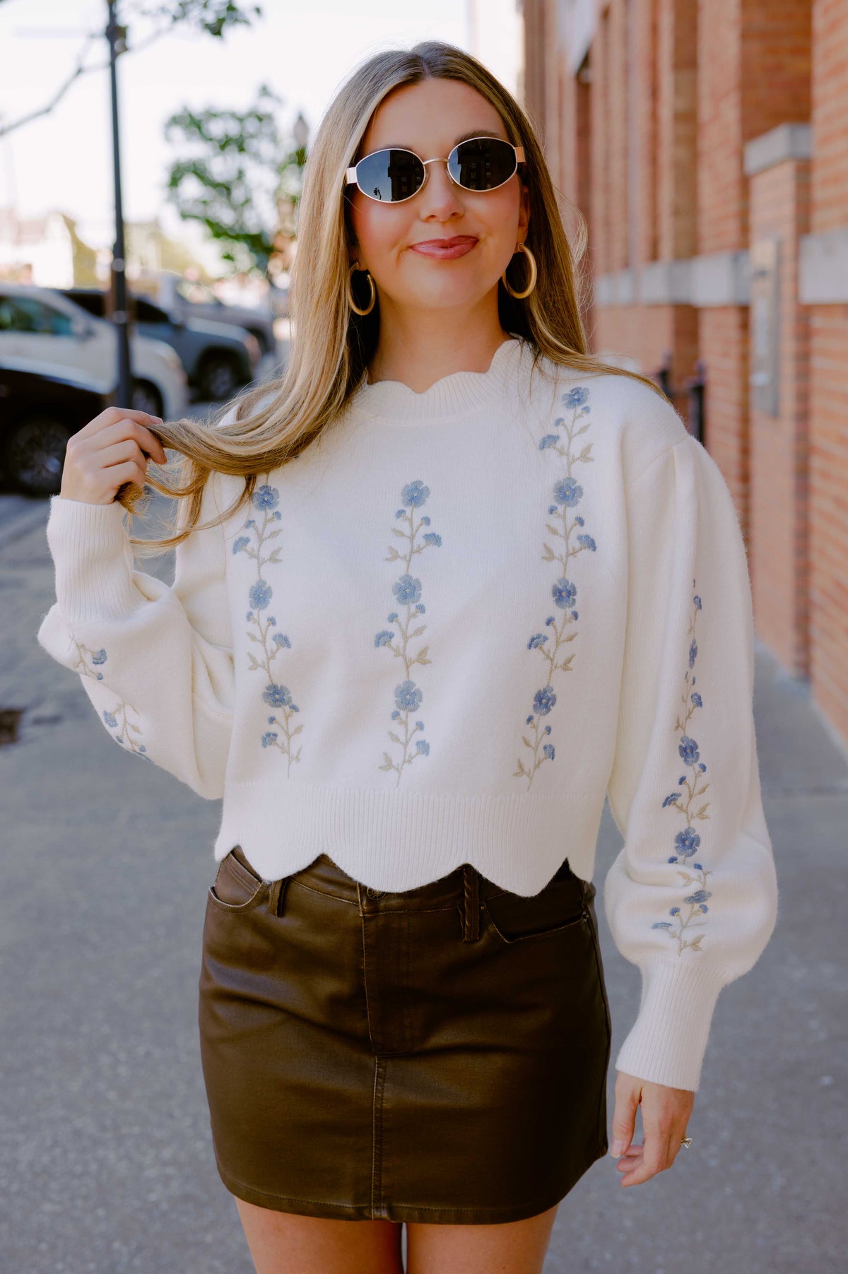 Cream Embroidered Scallop Floral Sweater