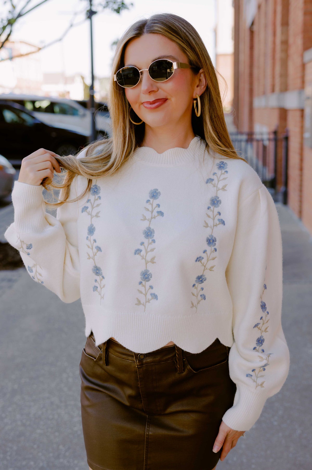 Cream Embroidered Scallop Floral Sweater