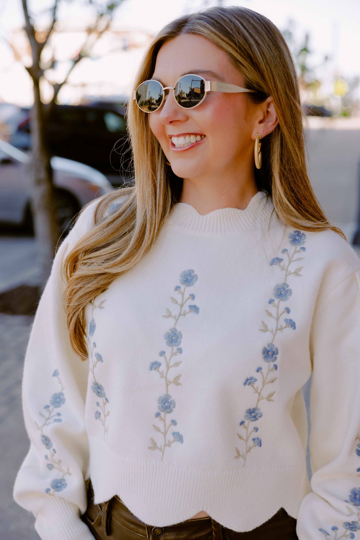Cream Embroidered Scallop Floral Sweater