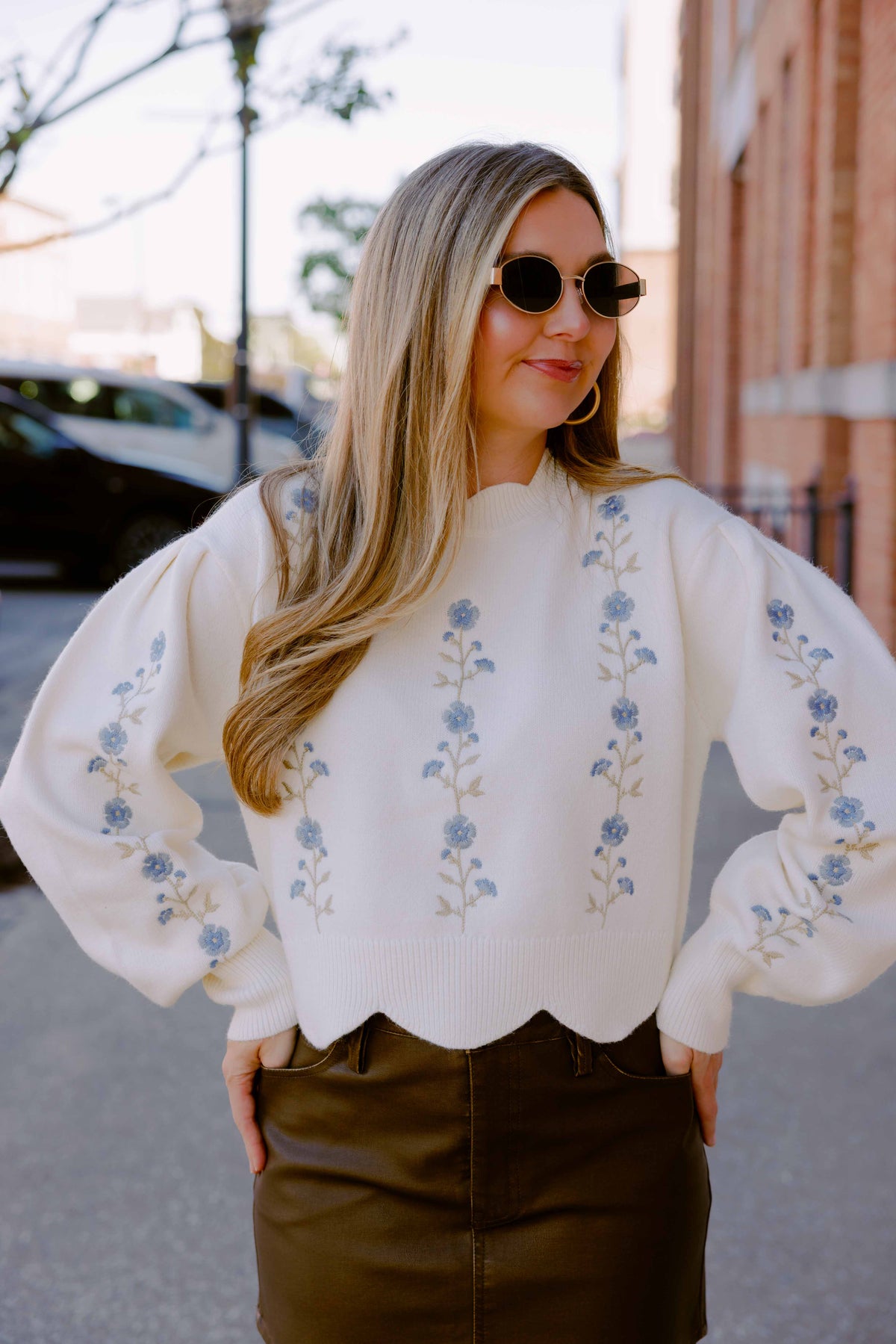 Cream Embroidered Scallop Floral Sweater