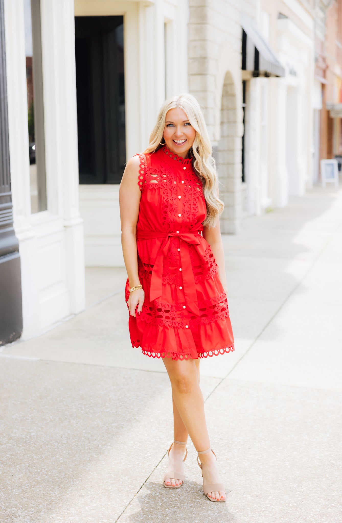 Red Lace Button Dress