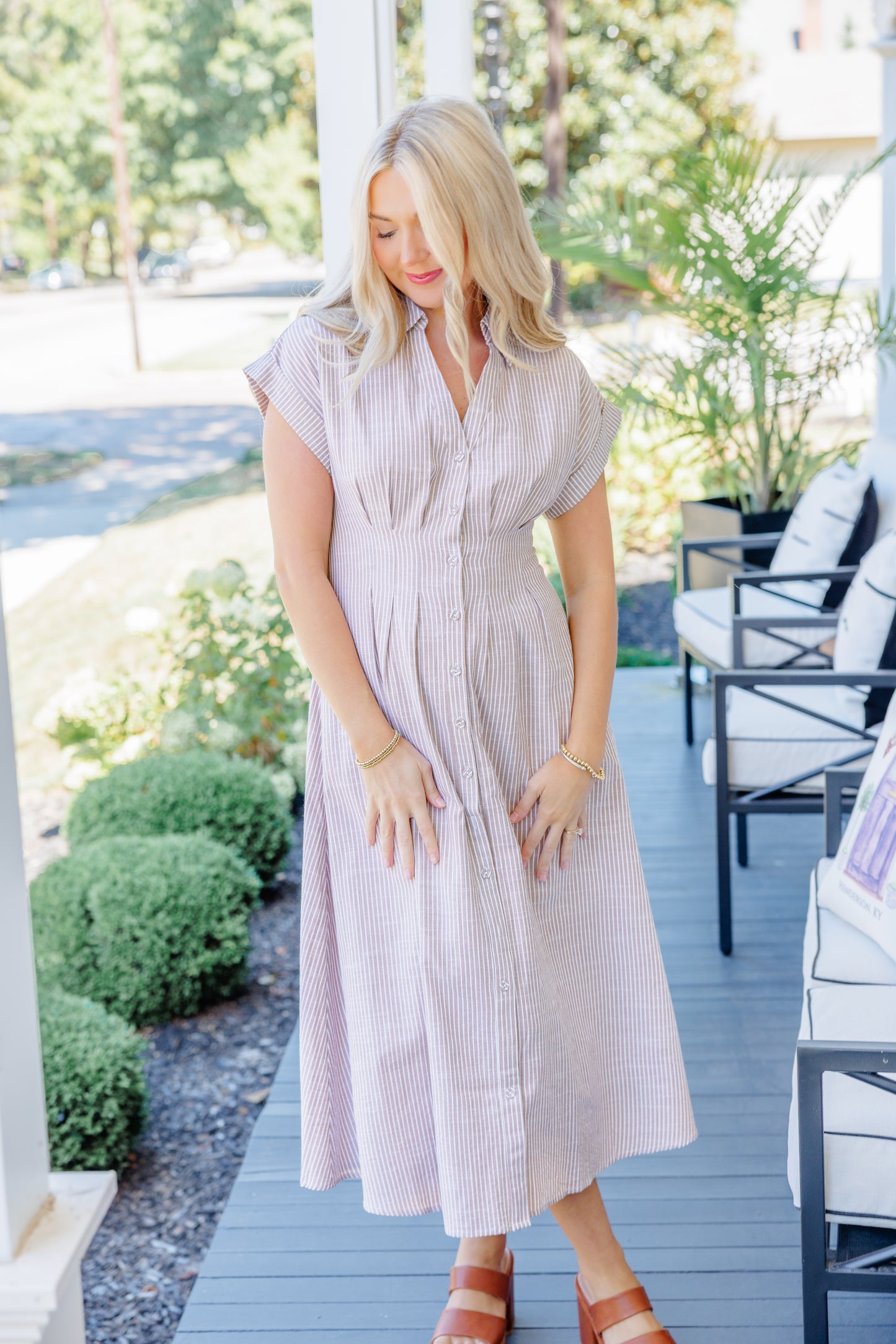 Tan Pleated Midi Dress