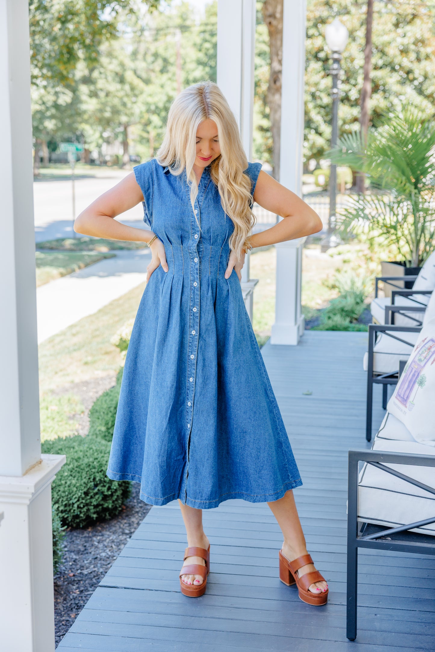 Denim Pleated Midi Dress