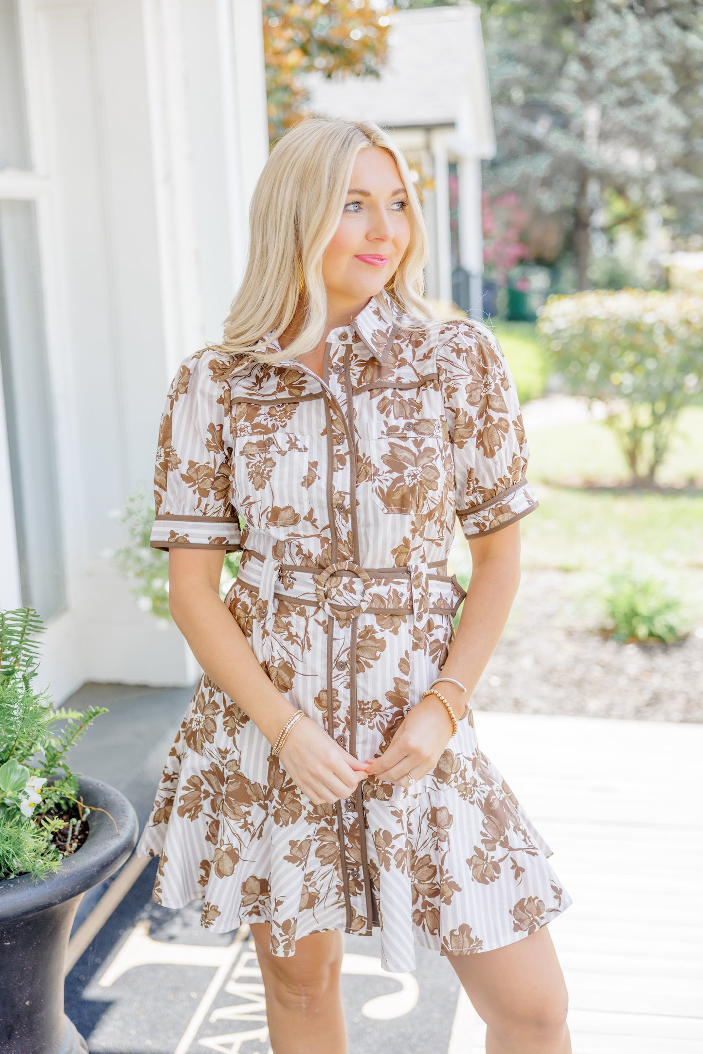 Brown Floral Stripe Mini Dress
