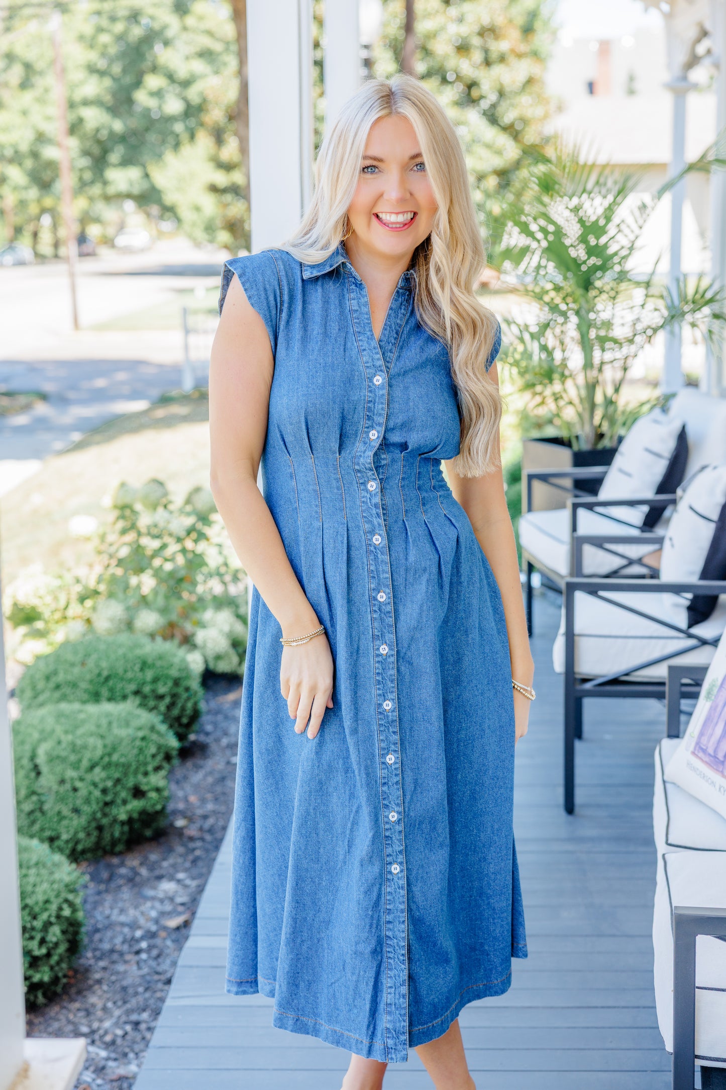 Denim Pleated Midi Dress