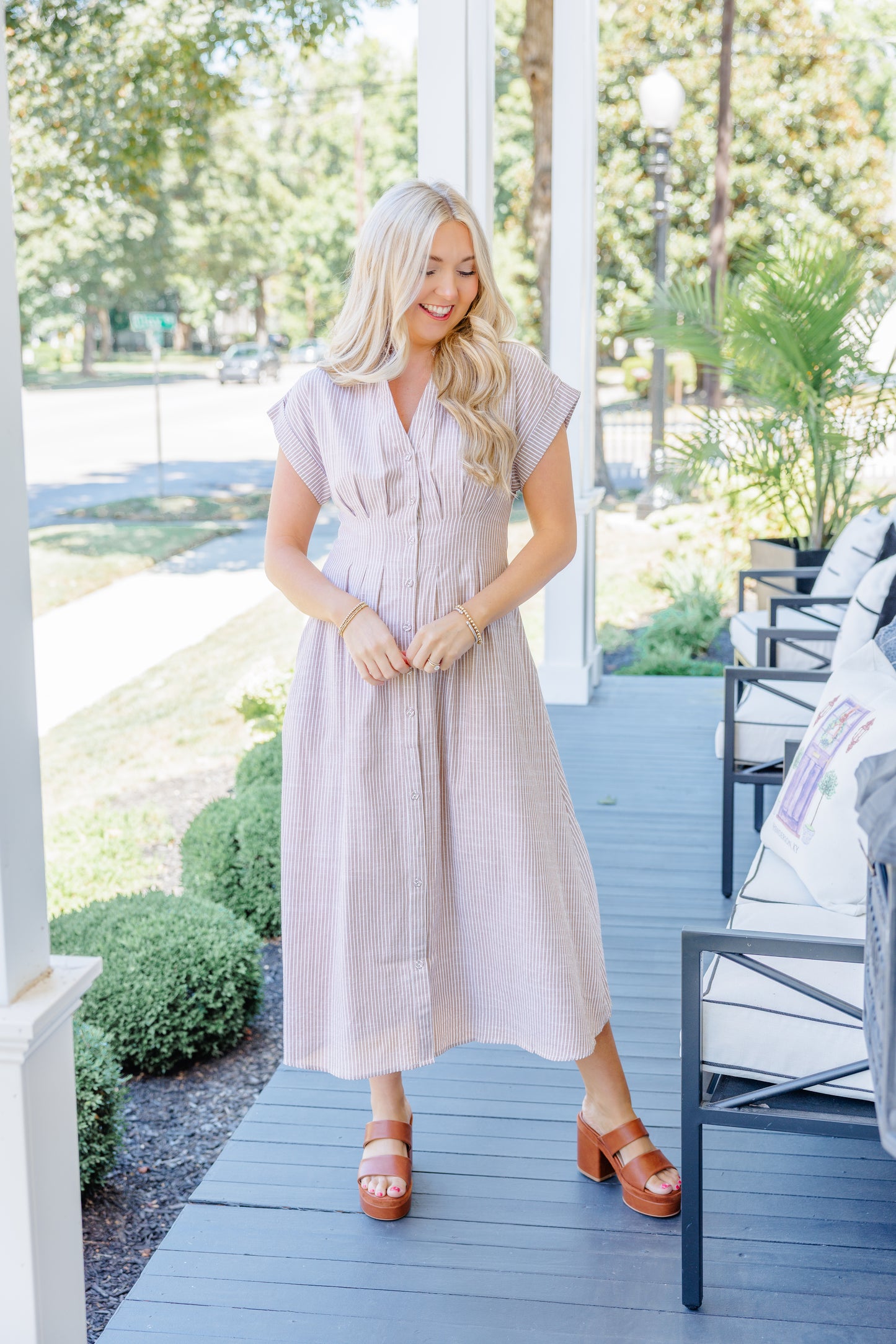 Tan Pleated Midi Dress