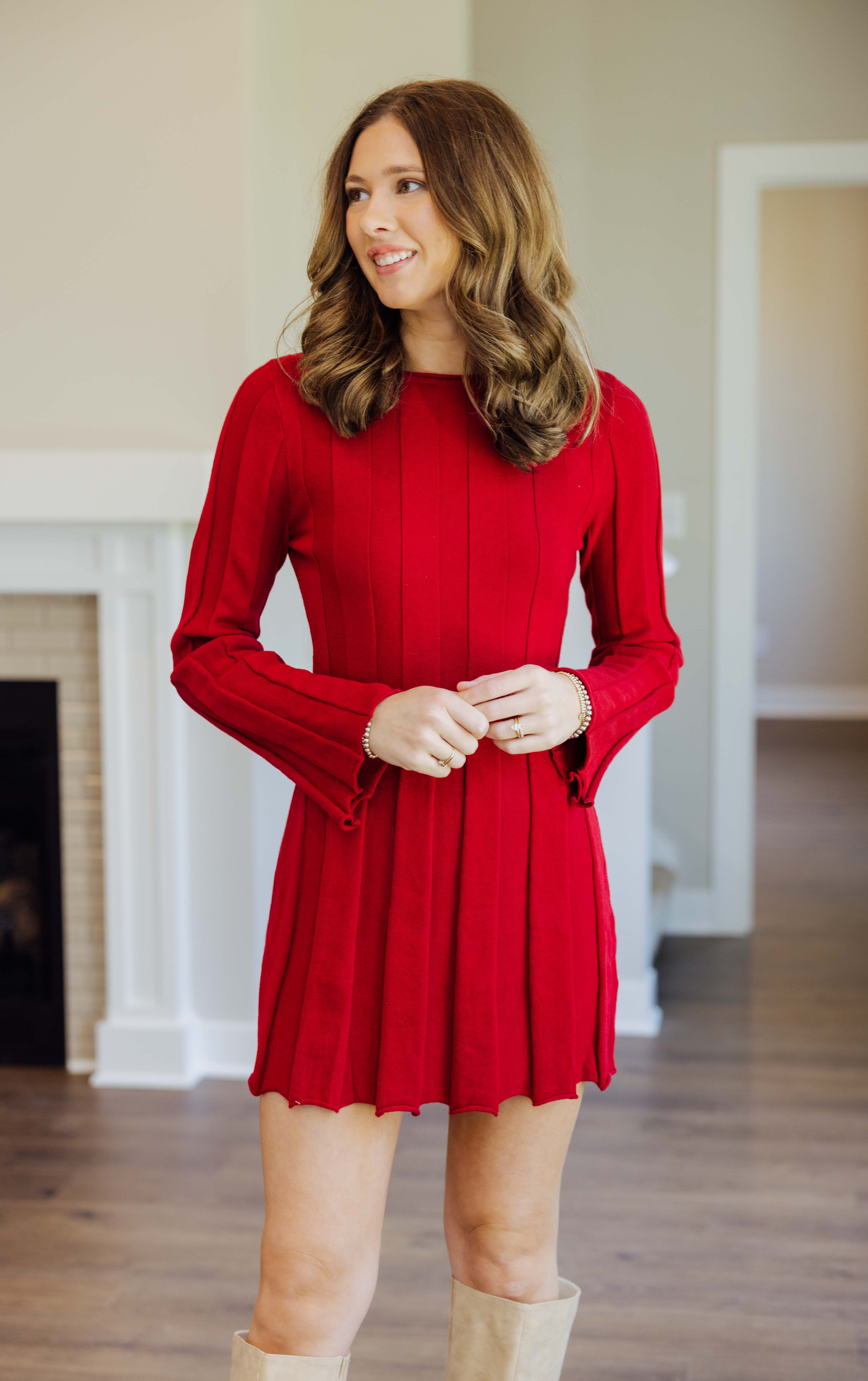Red Ribbed Sweater Dress