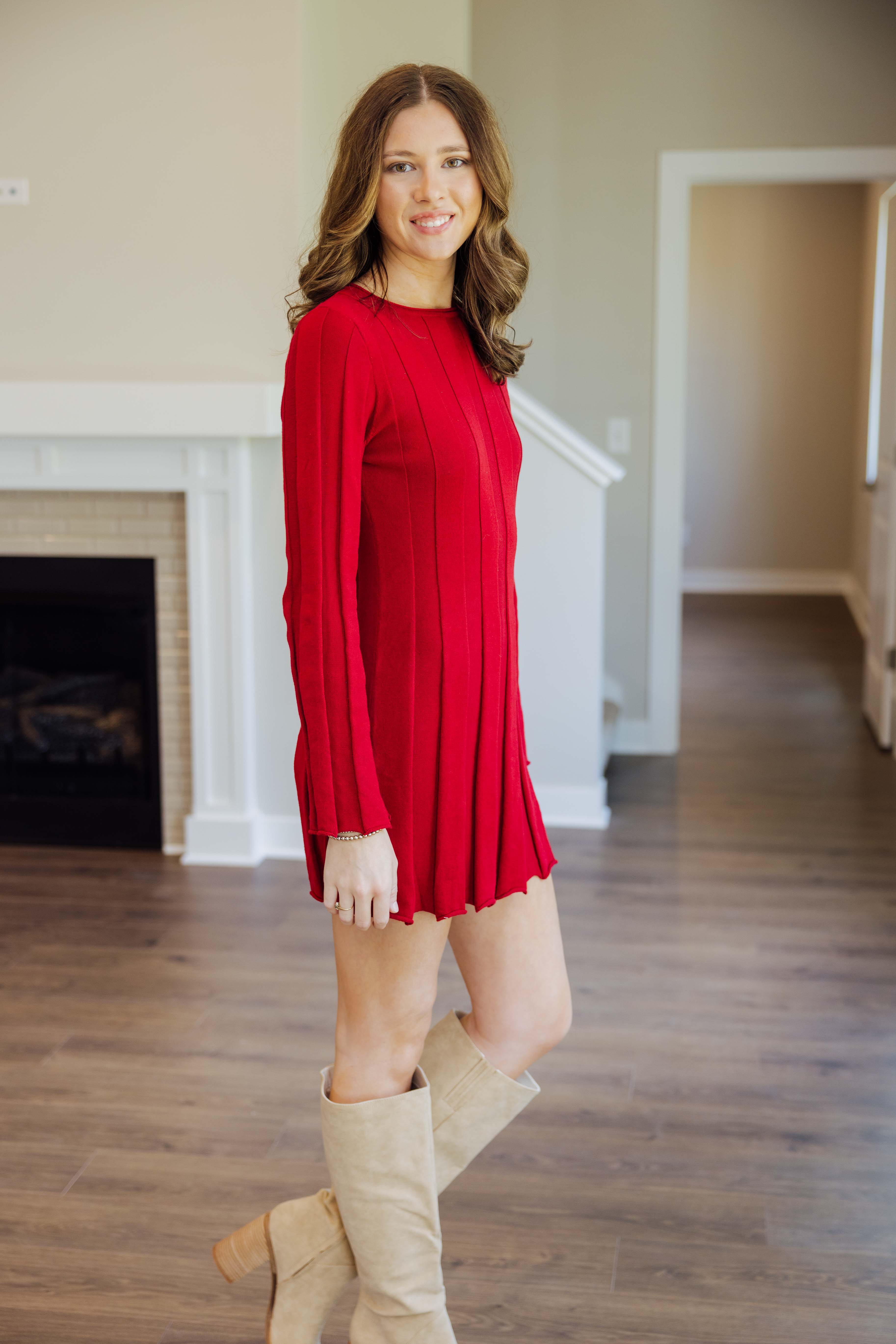 Red Ribbed Sweater Dress