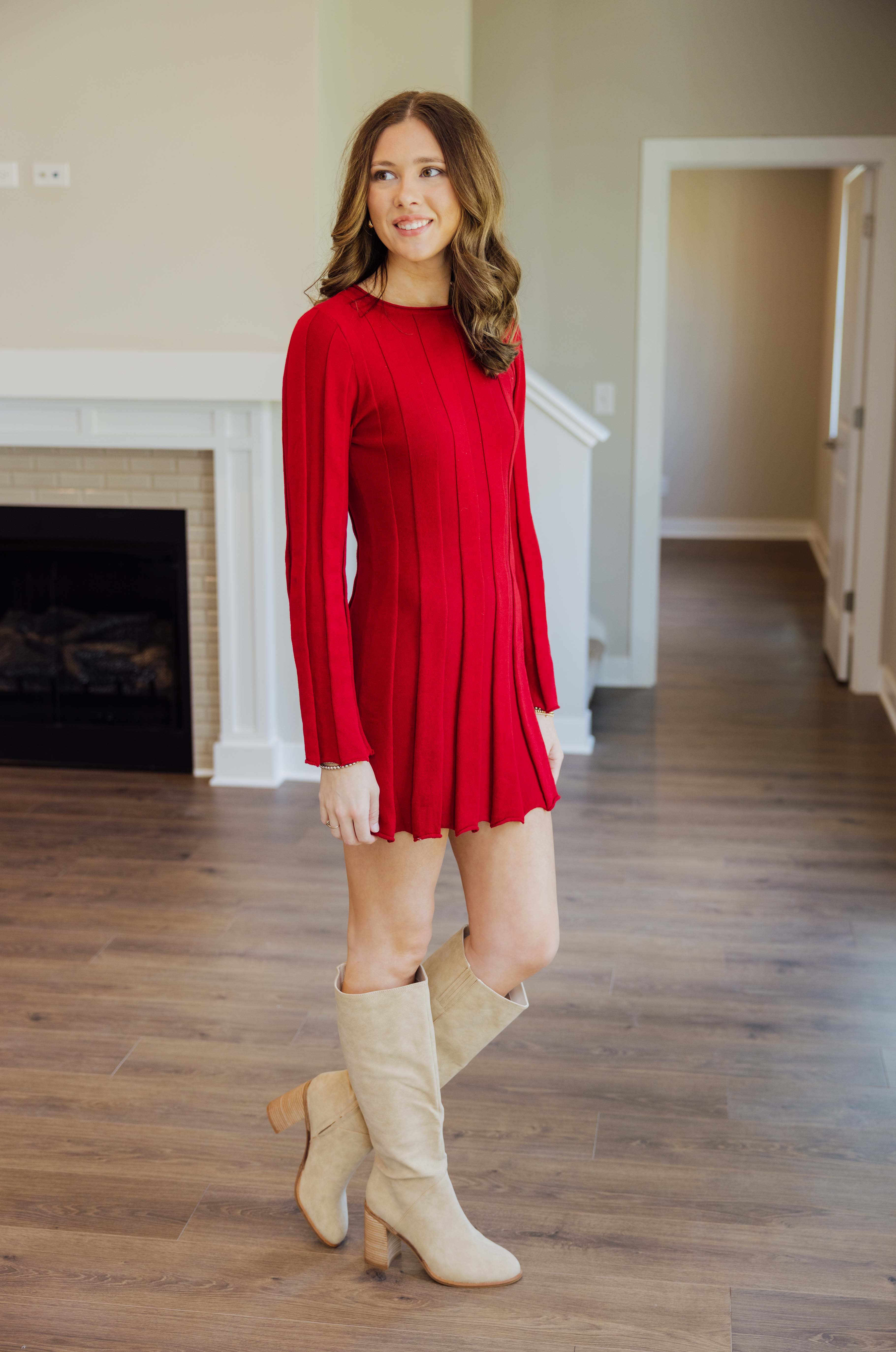 Red Ribbed Sweater Dress