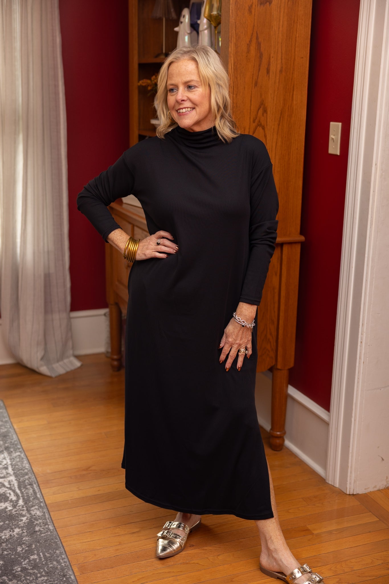 Black Mock Neck Midi Dress