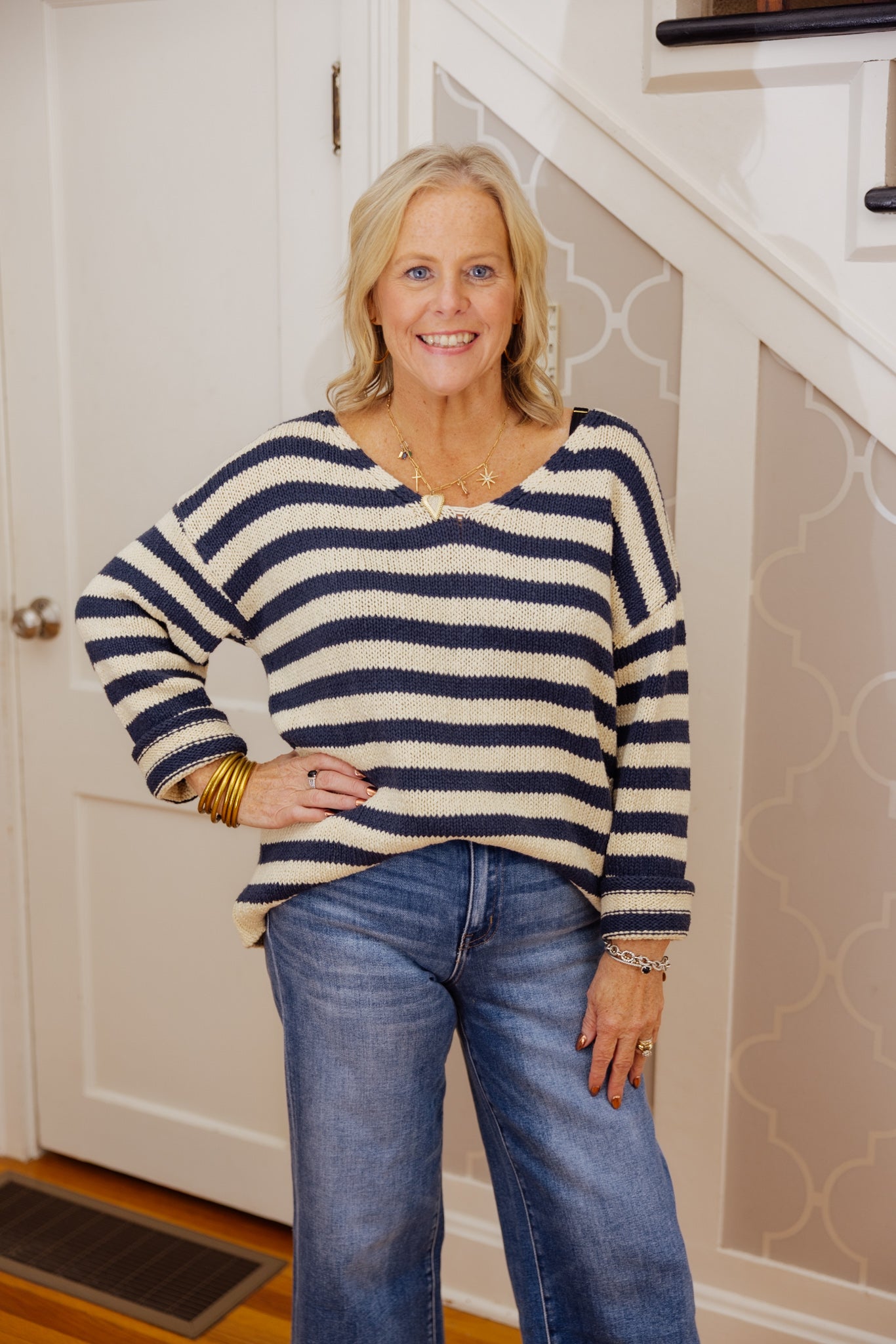Striped V-Neck OS Sweater