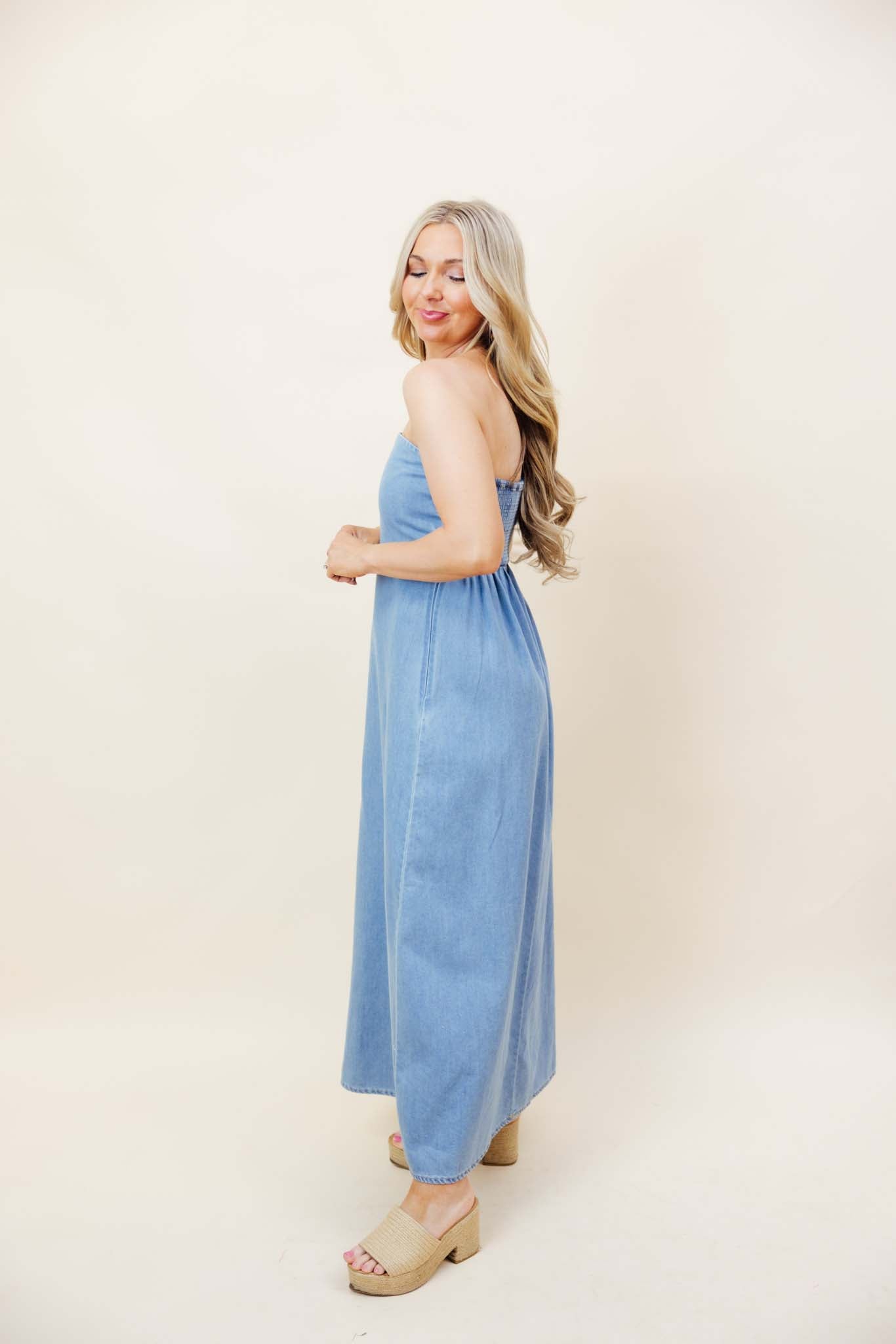 Strapless Denim Midi Dress