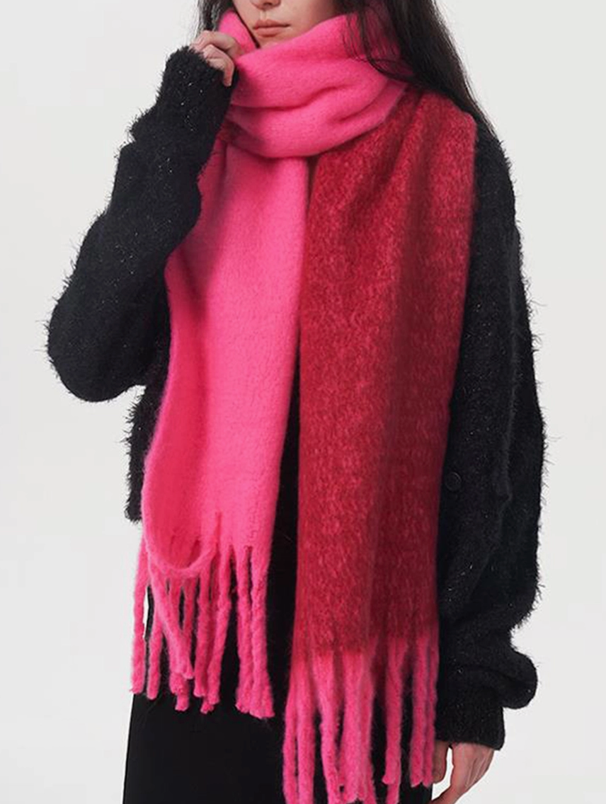 Pink/Red Color Block Fringe Scarf