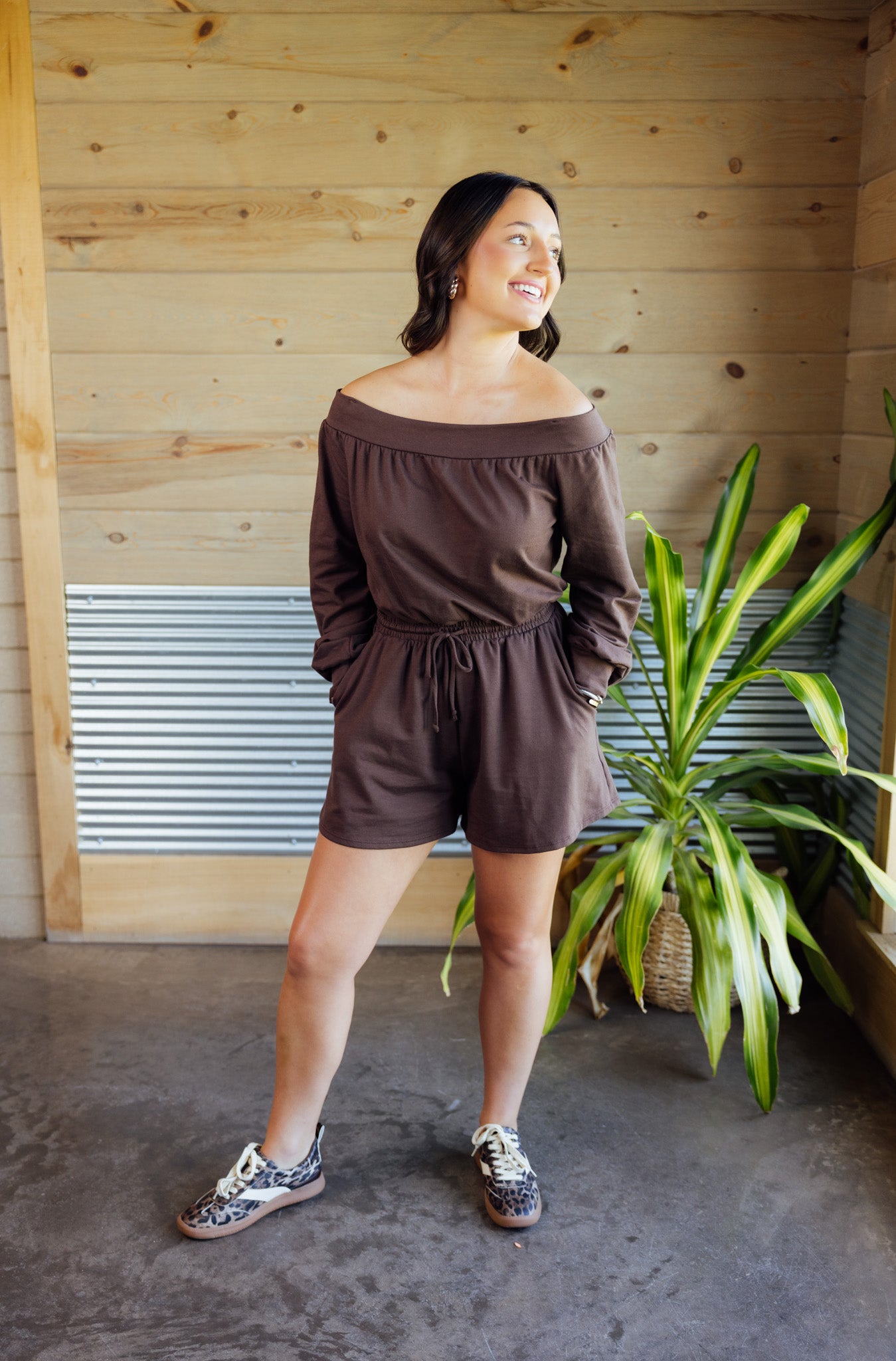 Brown Off Shoulder Romper