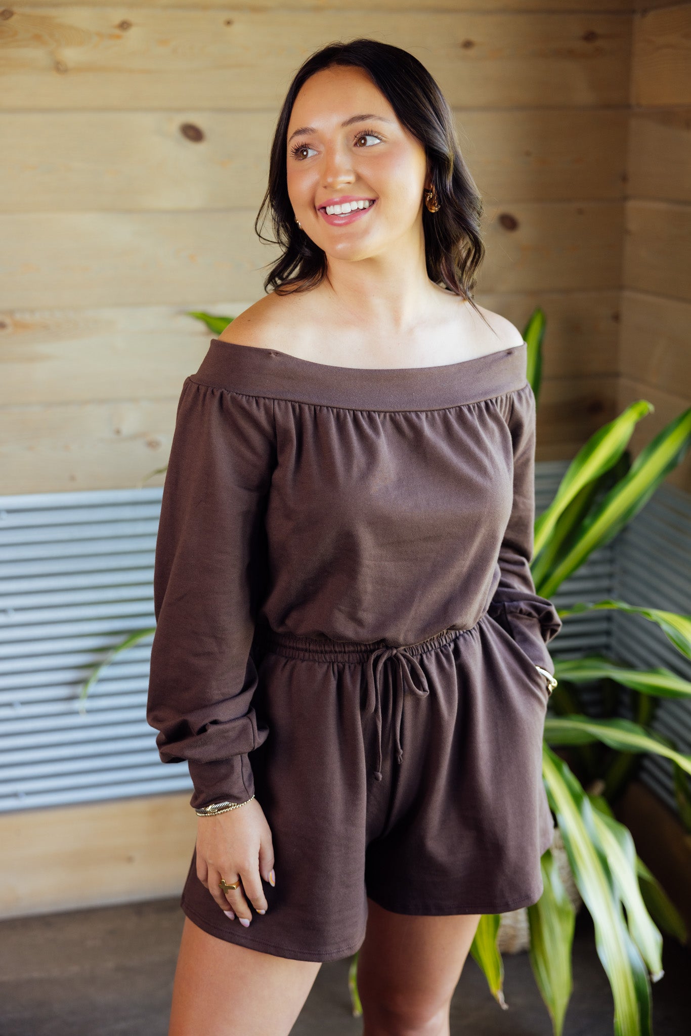 Brown Off Shoulder Romper