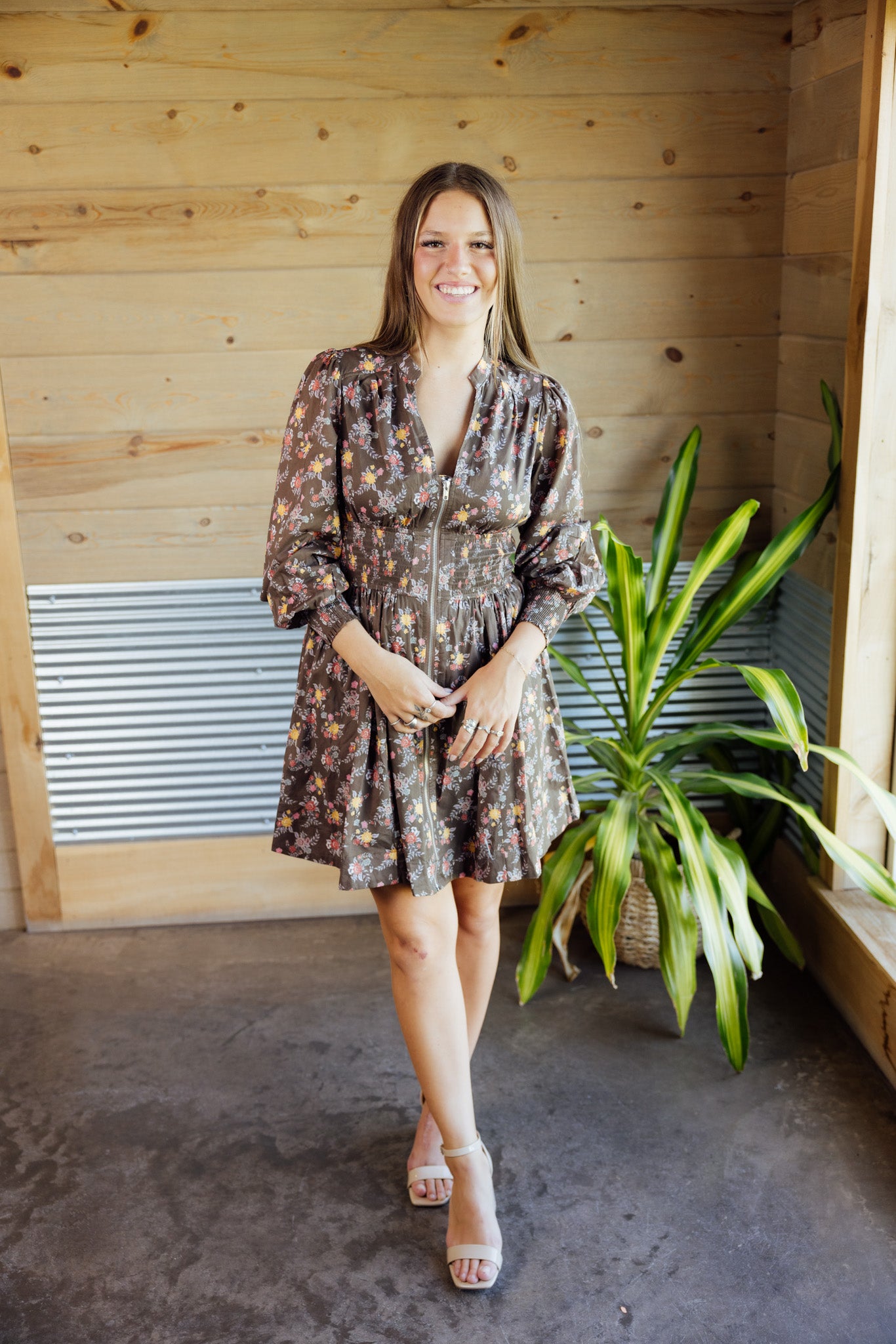 Mocha Zippered Floral Dress