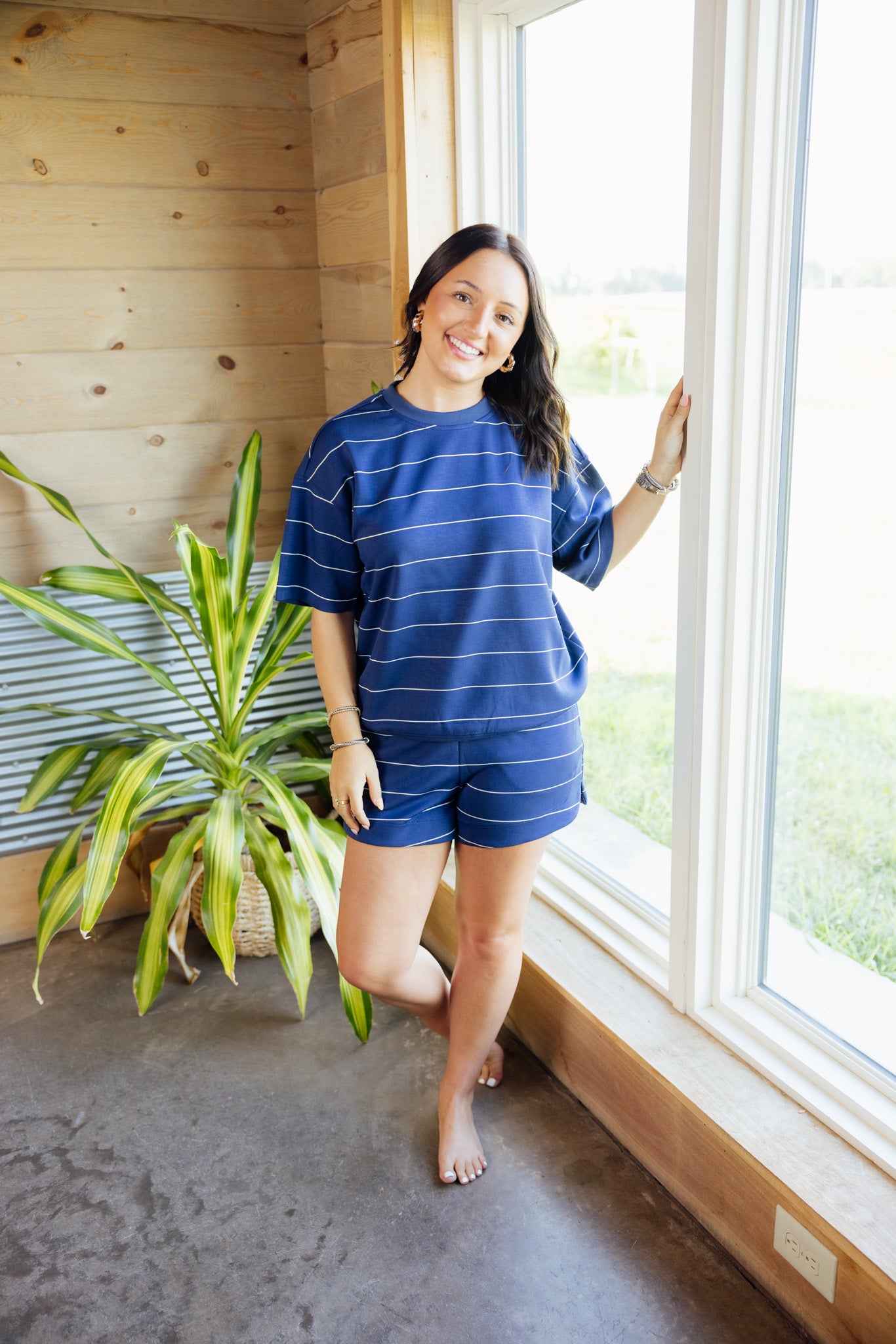 Navy Striped Modal Short Set