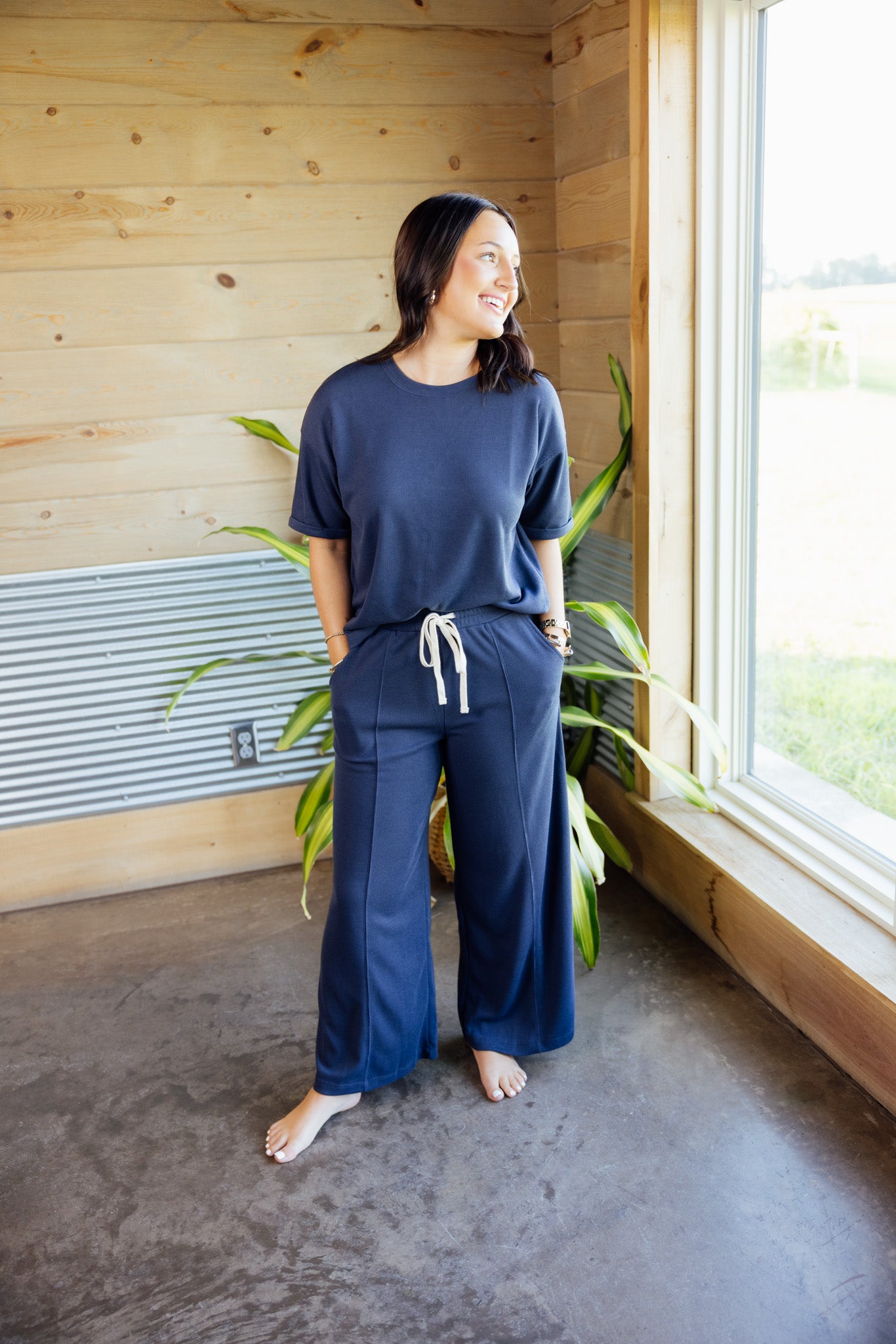 Navy Waffle Pant Set