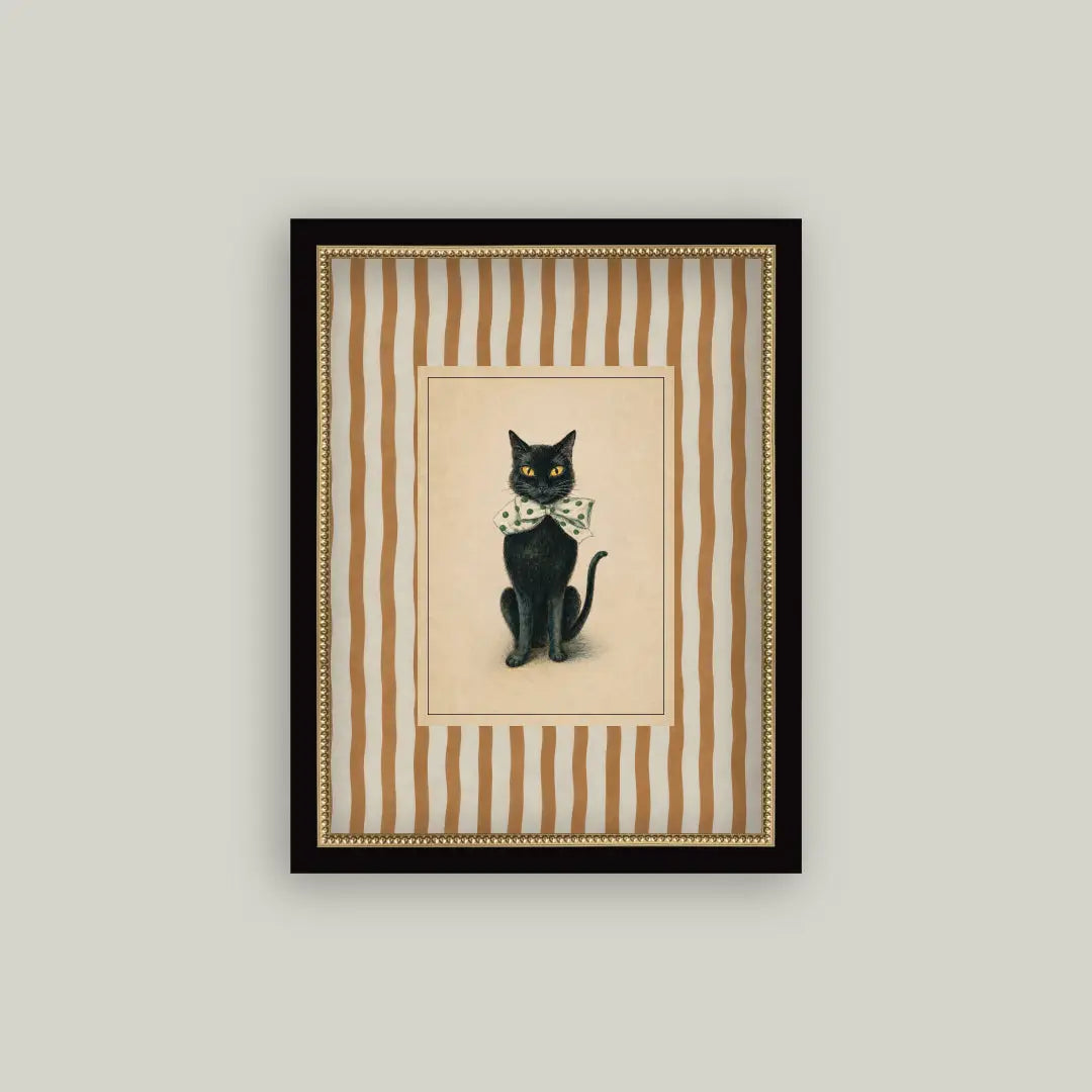 Black Cat On Stripes Framed Art