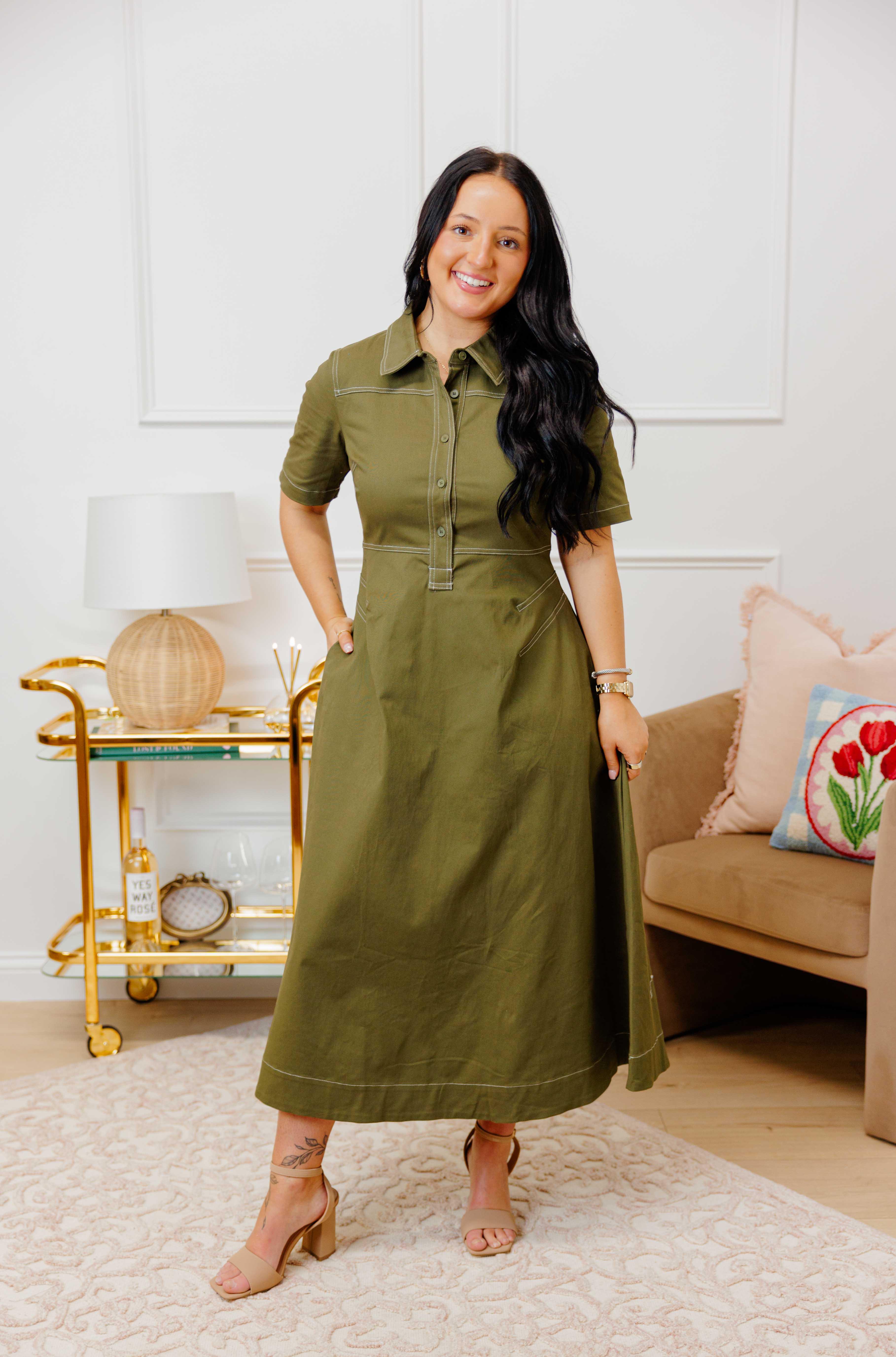 Olive Stitch Midi Dress