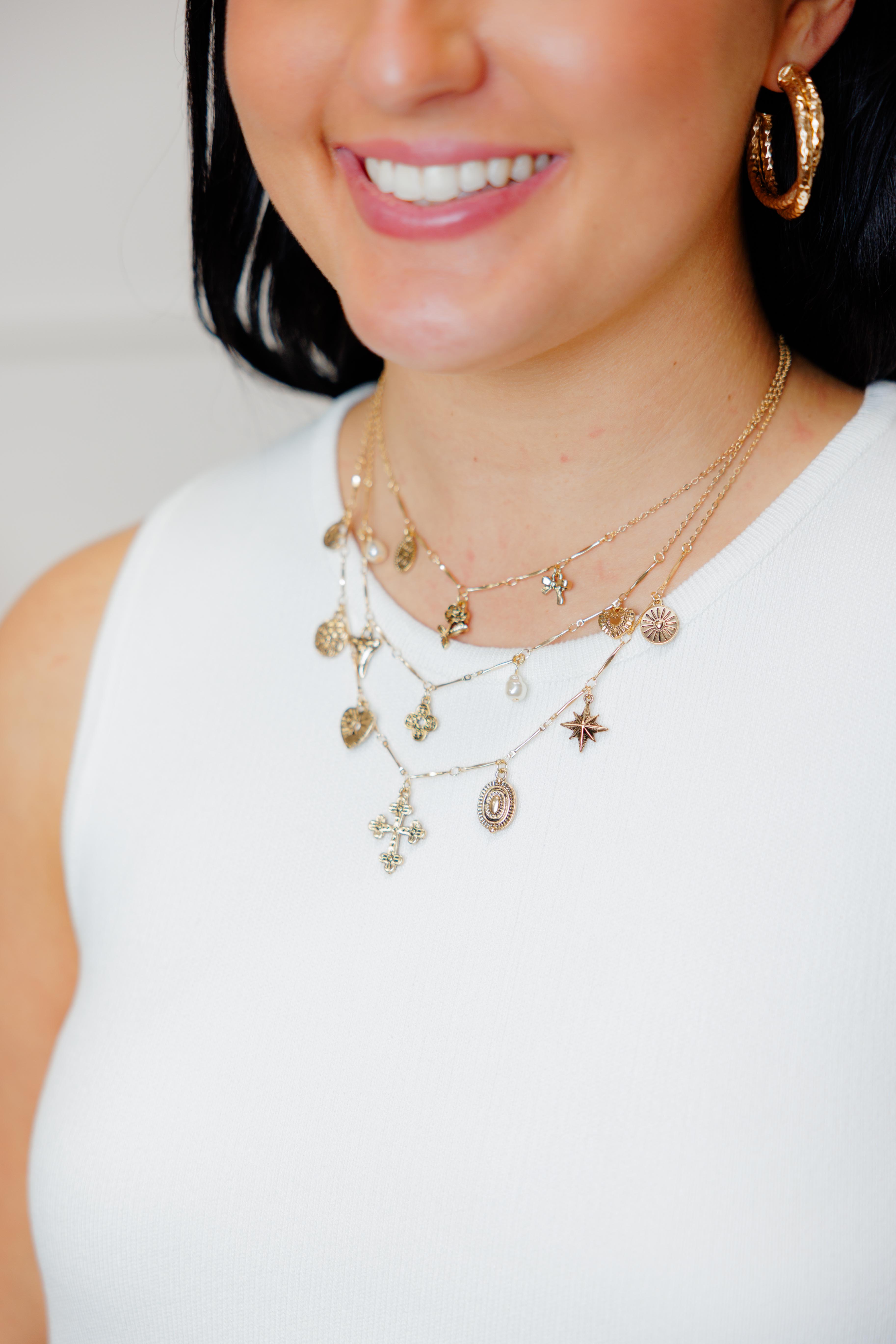 Layered Vintage Antique Cross Rose Necklace