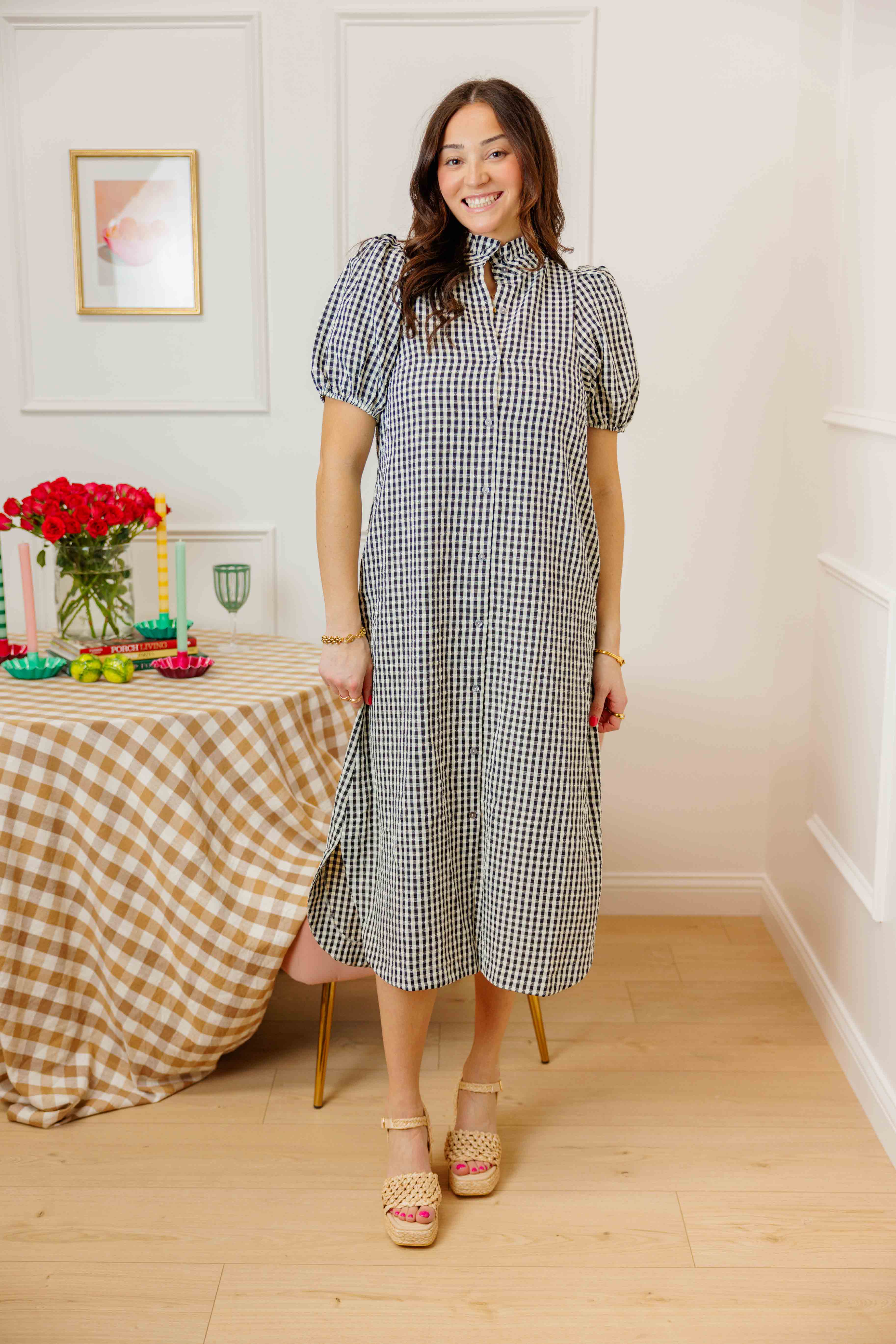 Navy Gingham Midi Dress