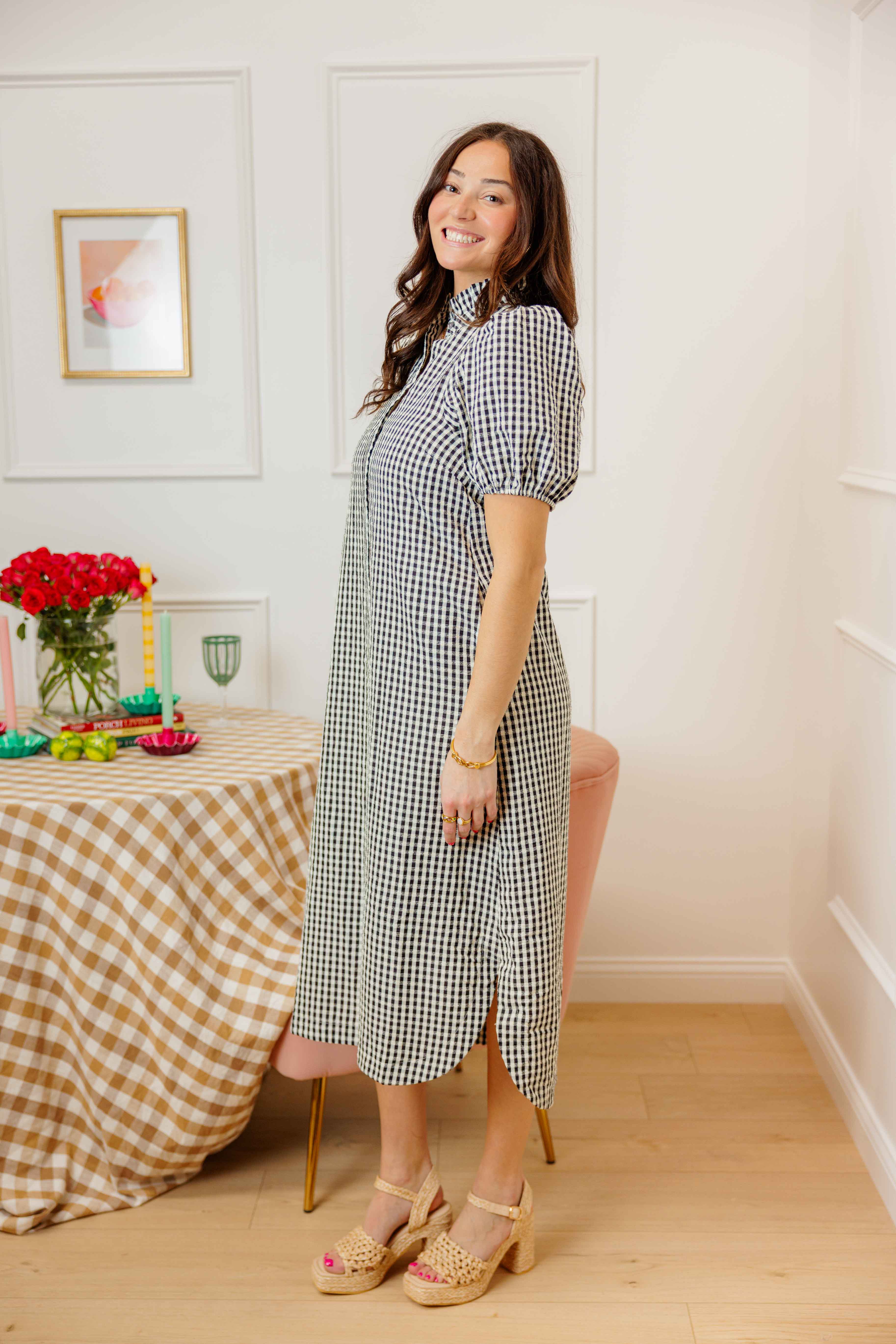 Navy Gingham Midi Dress
