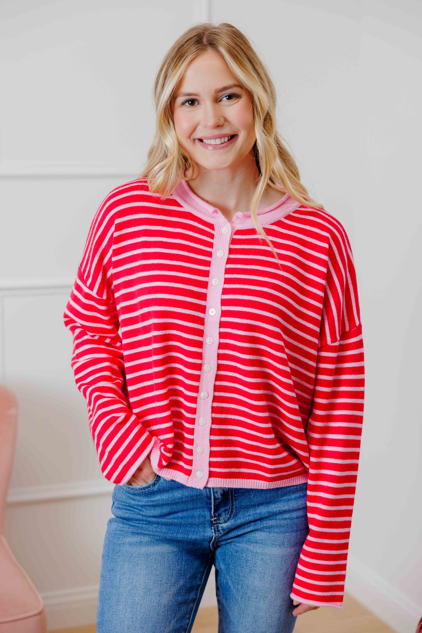 Pink Red Striped Button Cardigan
