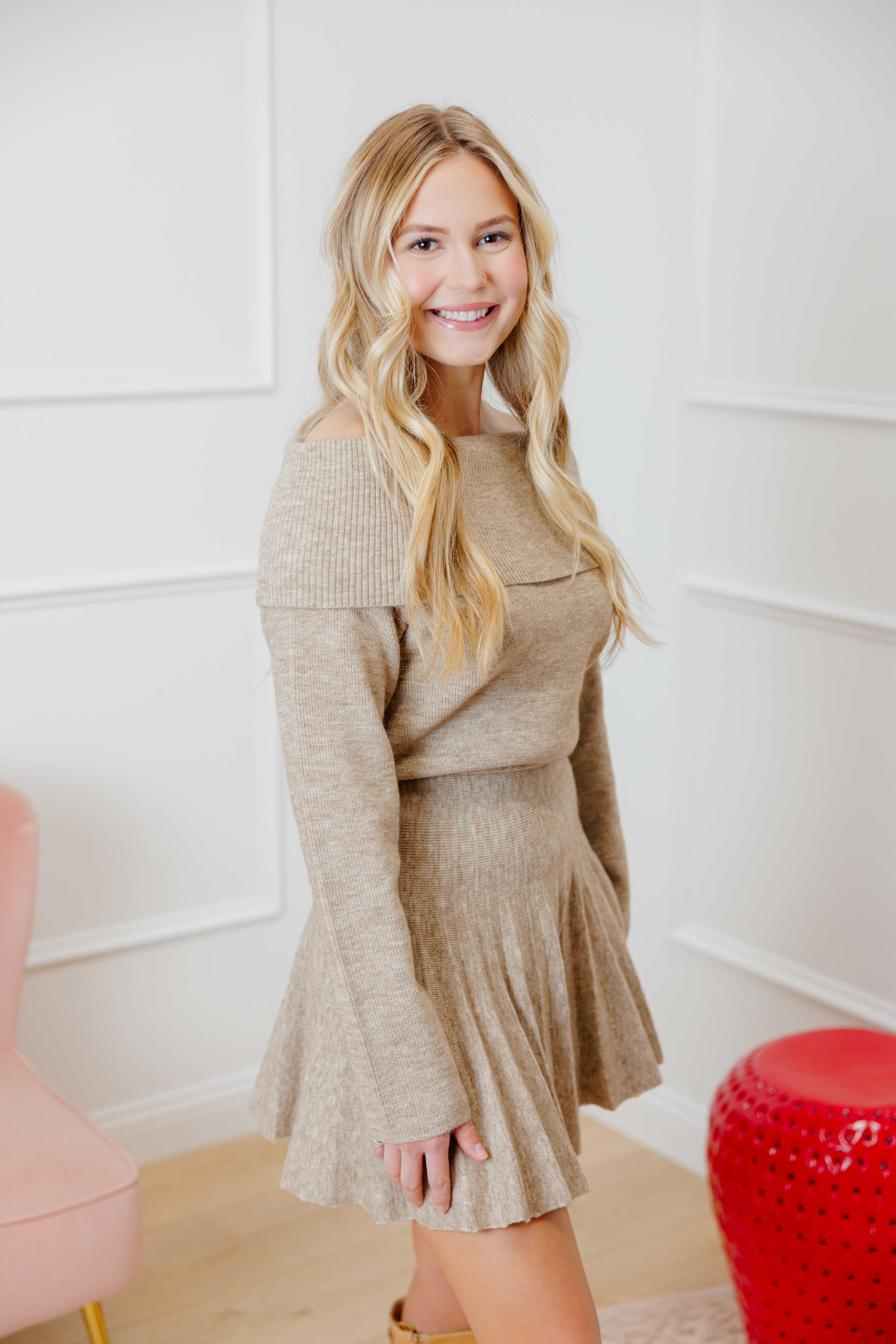 Mocha Knit Off Shoulder Dress