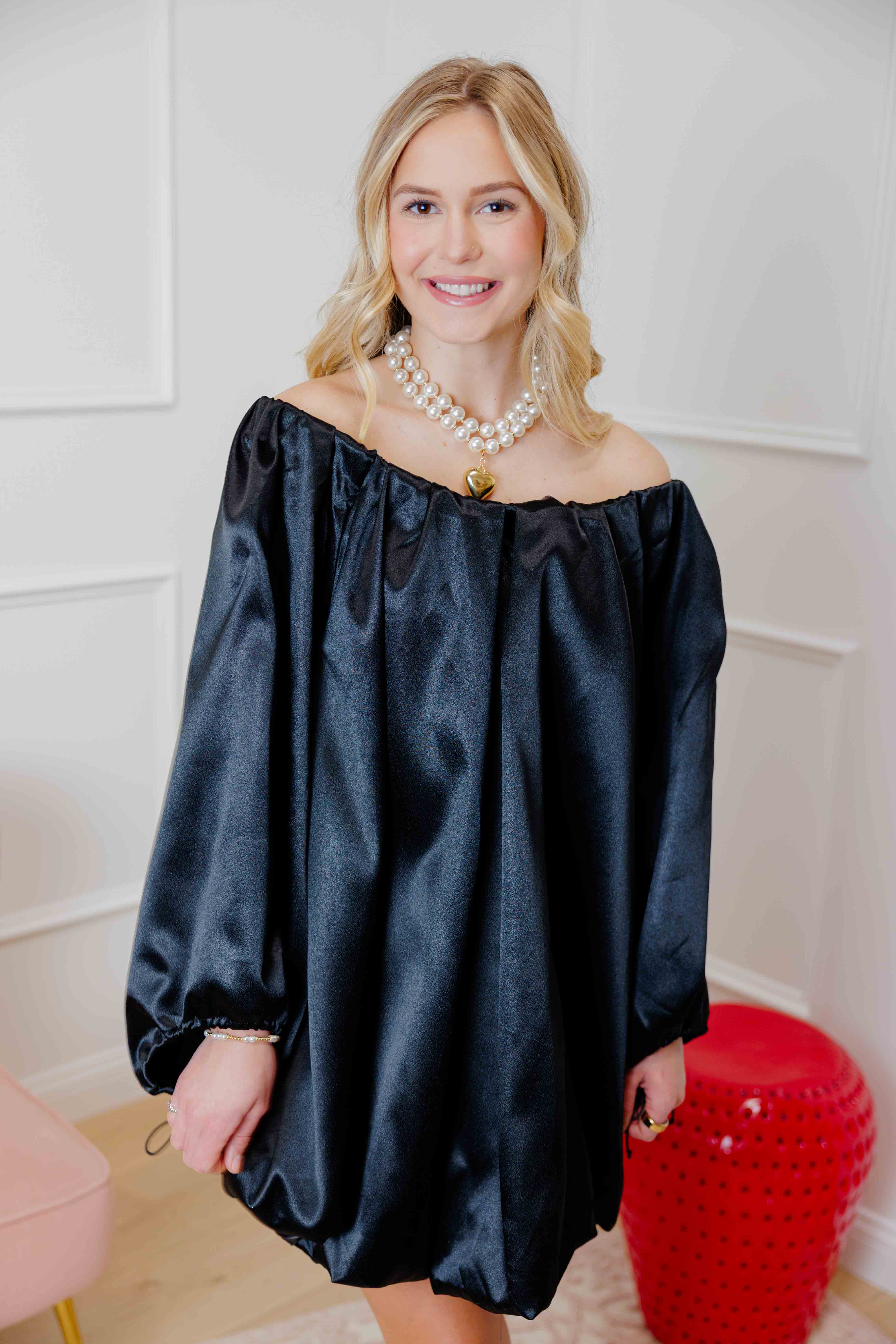 Black Satin Off Shoulder Dress