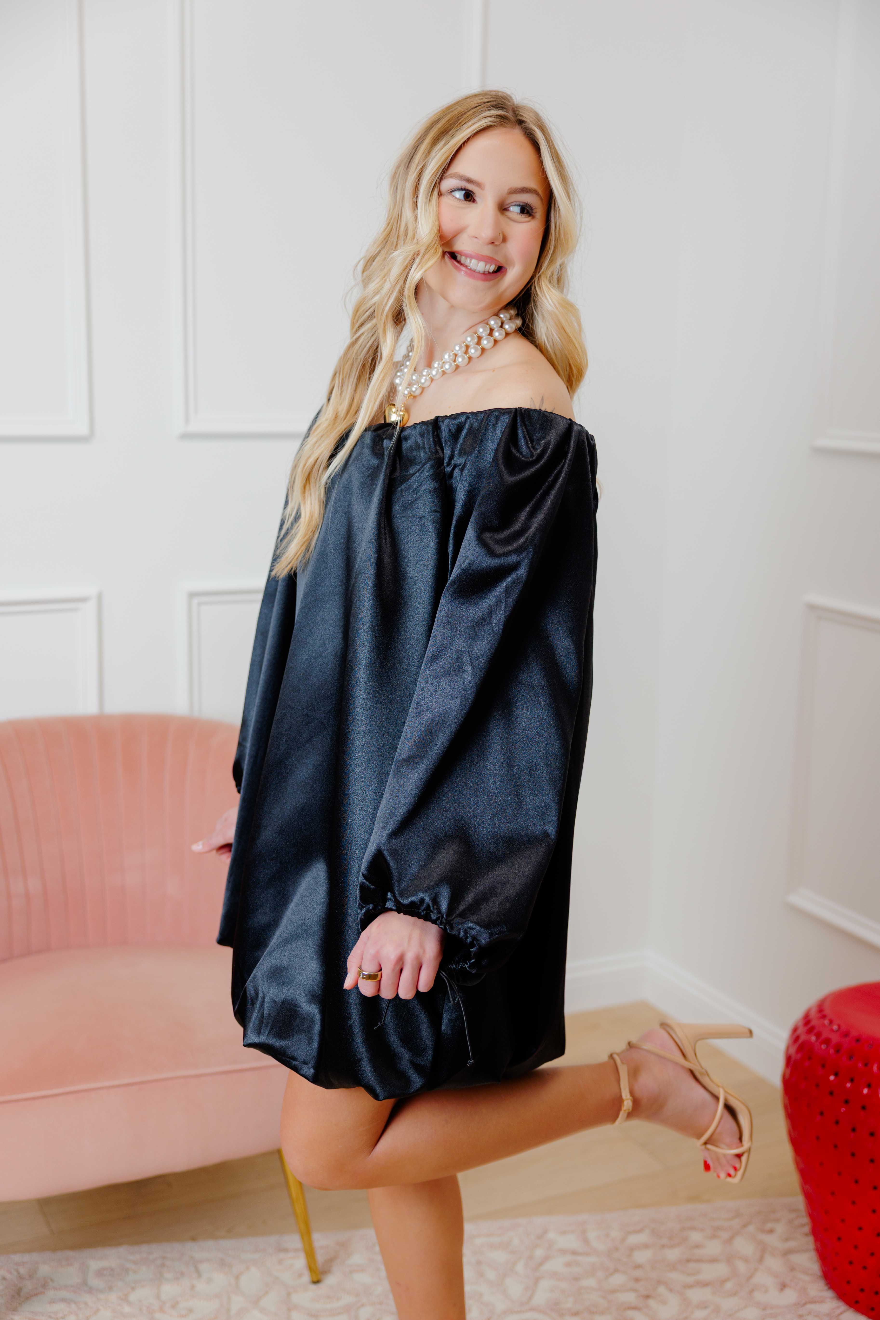 Black Satin Off Shoulder Dress
