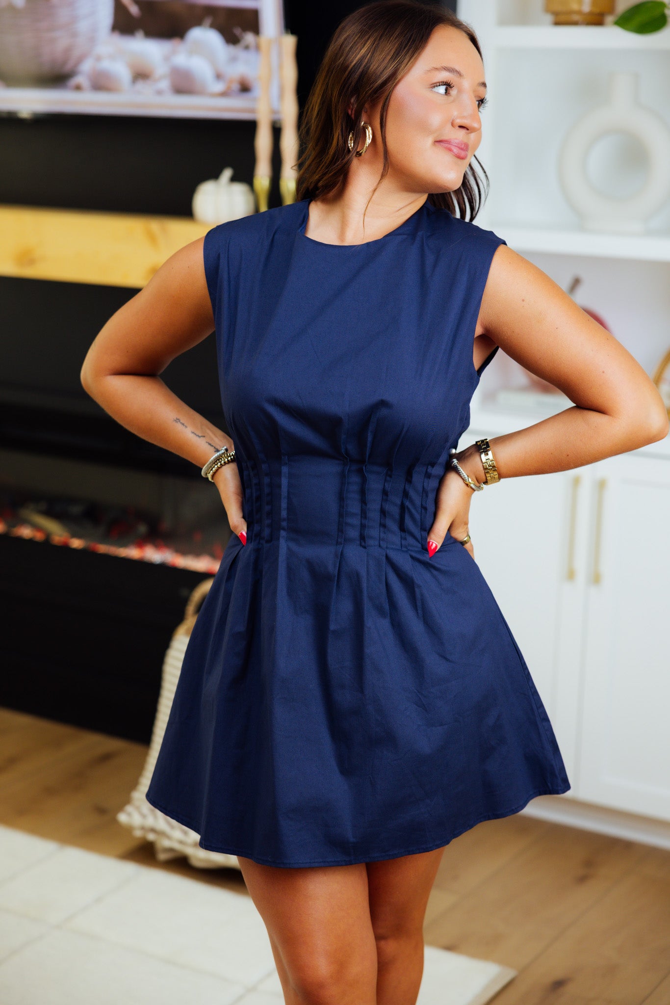 Navy Pleated Mini Dress