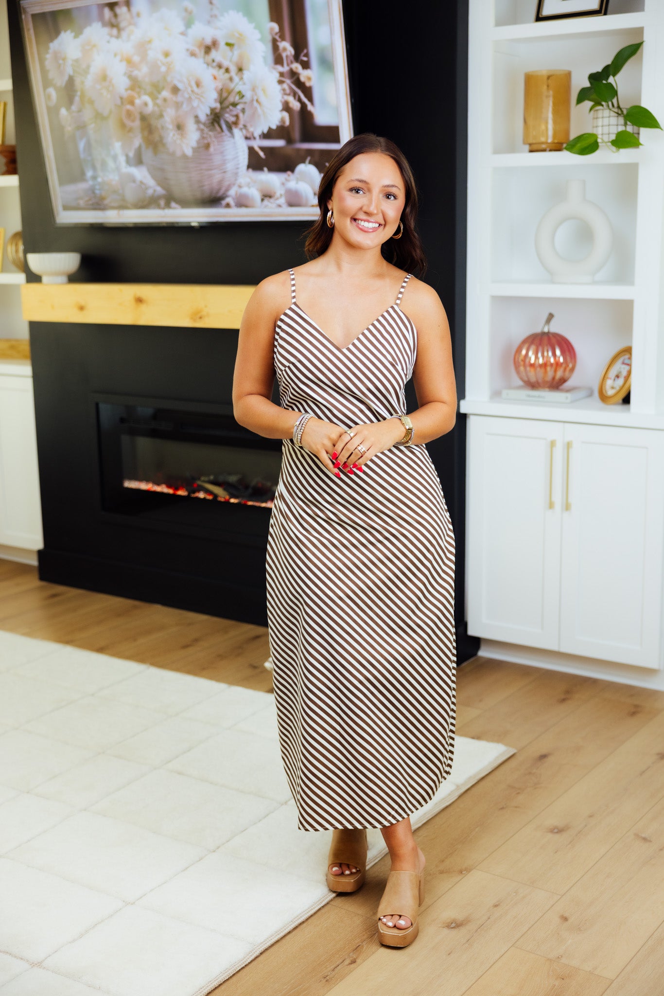 Brown Striped Midi Dress