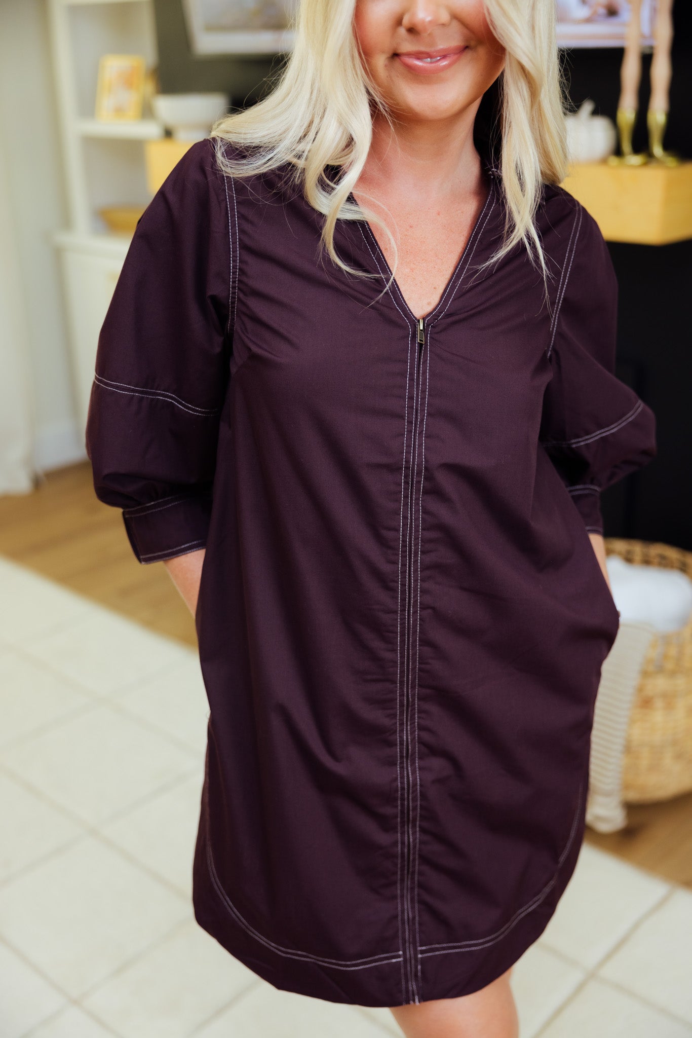 Chocolate Zip Stitch Mini Dress