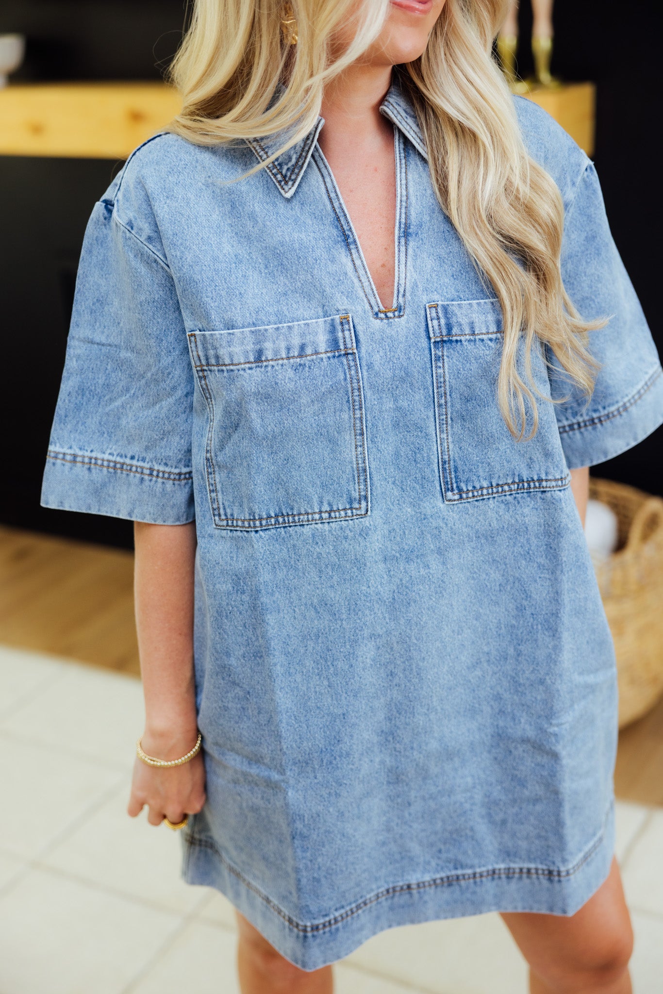 Denim V-Neck Tunic Dress