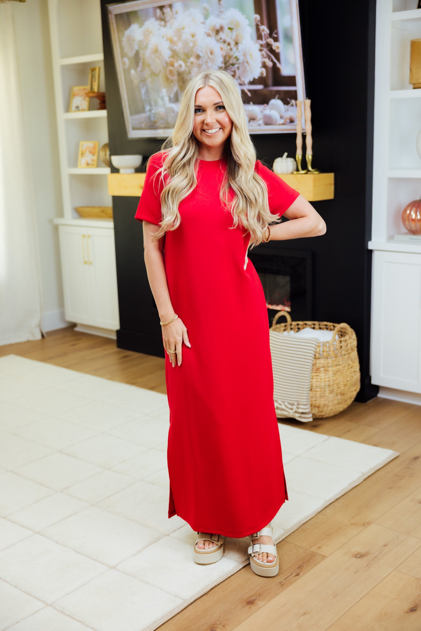 Red Soft Span Midi Dress