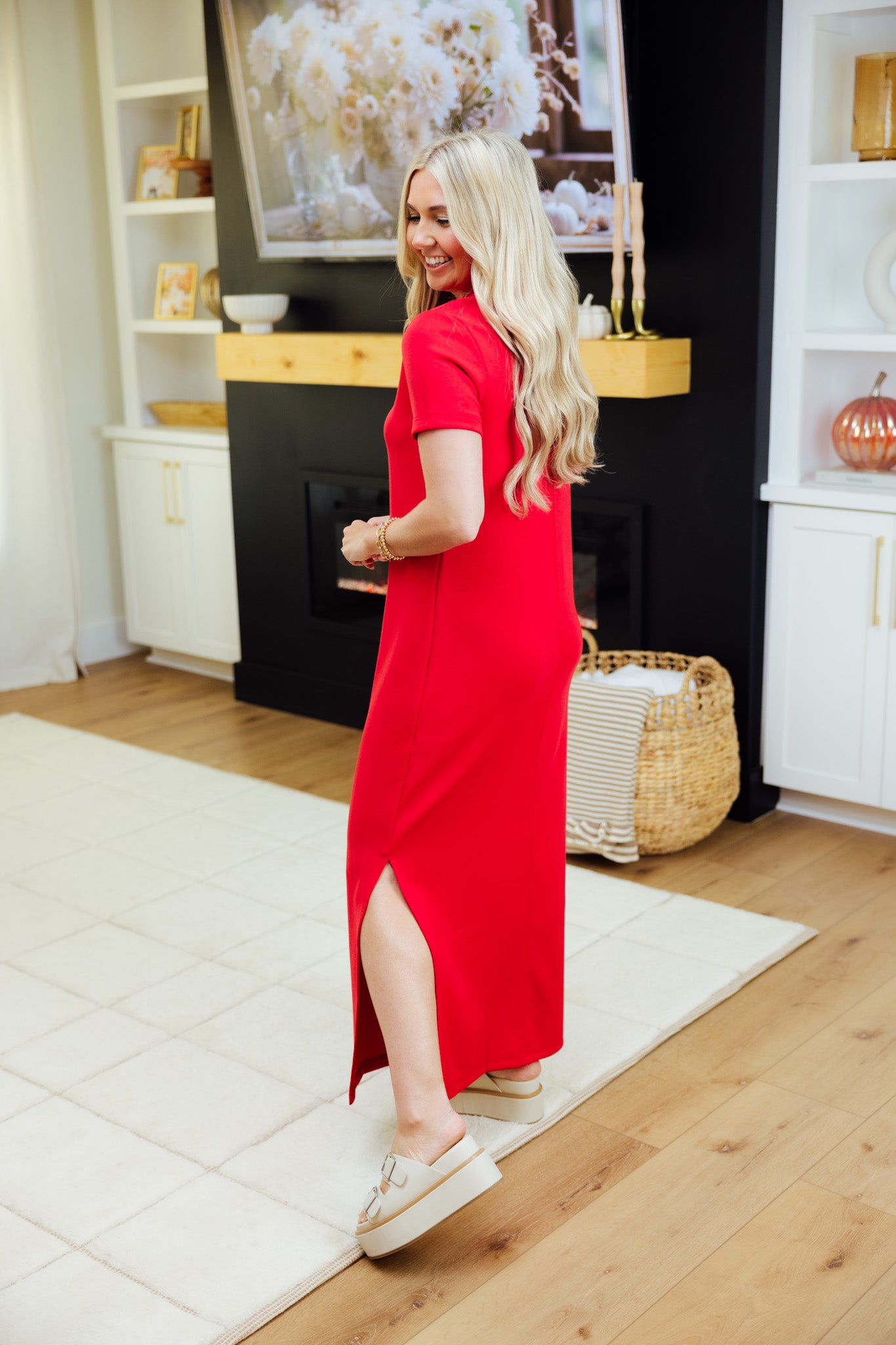 Red Soft Span Midi Dress