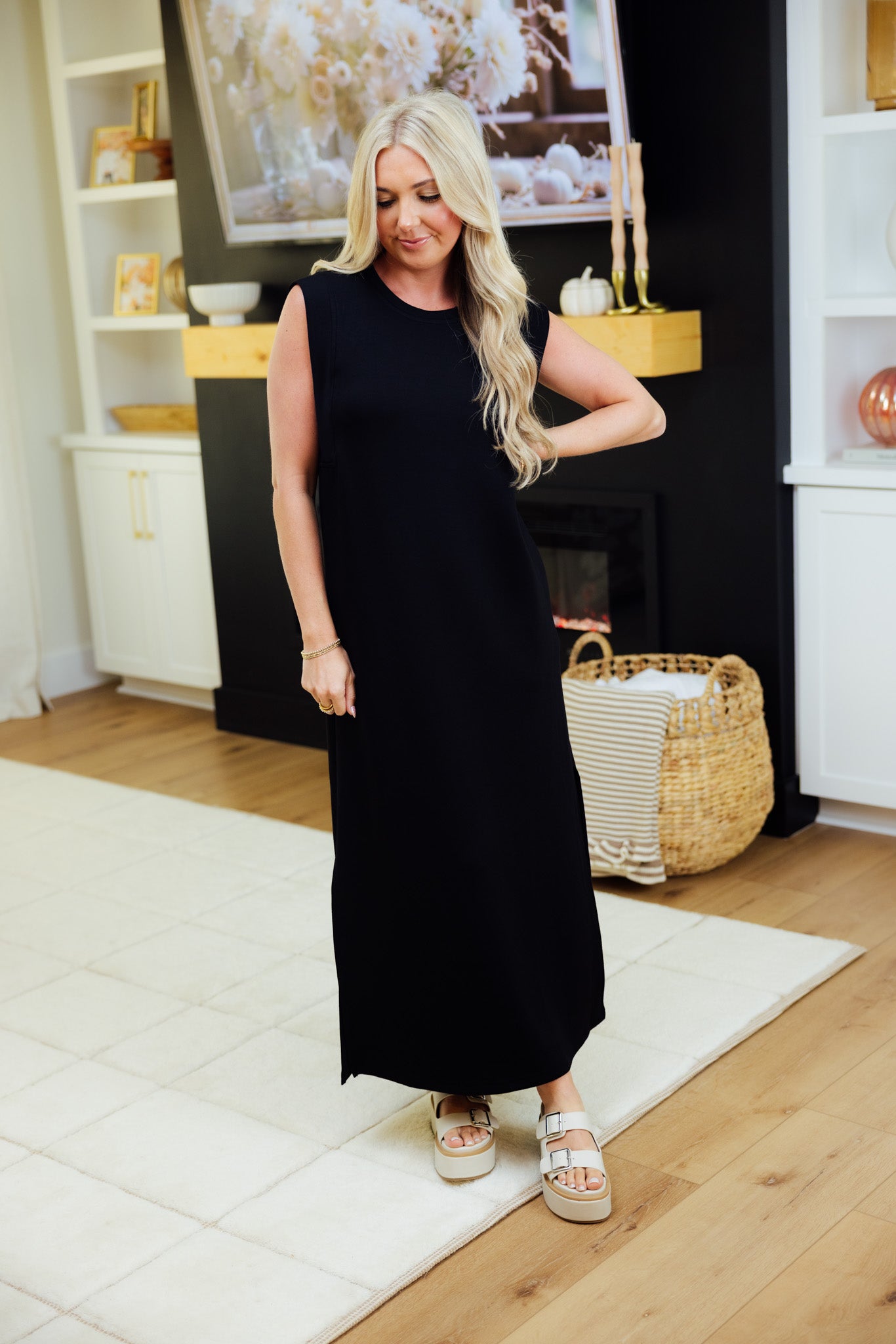 Black Jersey Knit Midi Dress