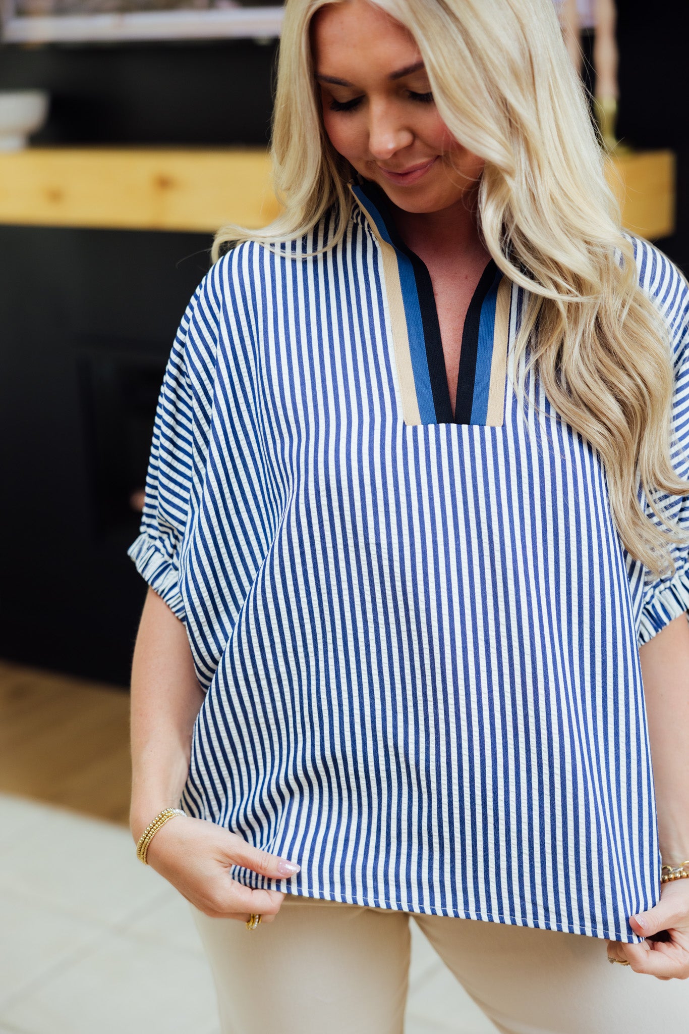 Navy Striped High Neck Top