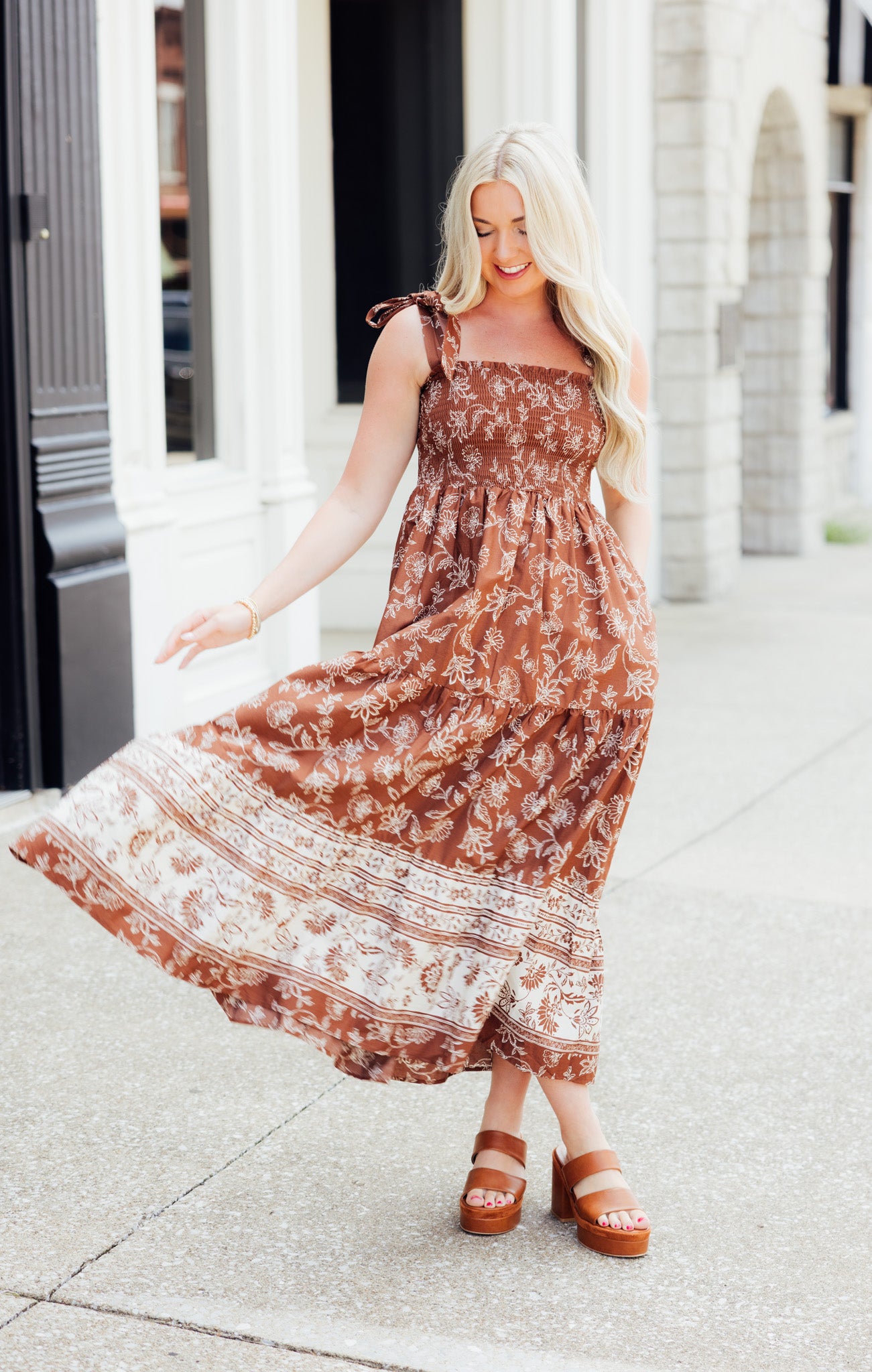 Brown Floral Tie Maxi Dress