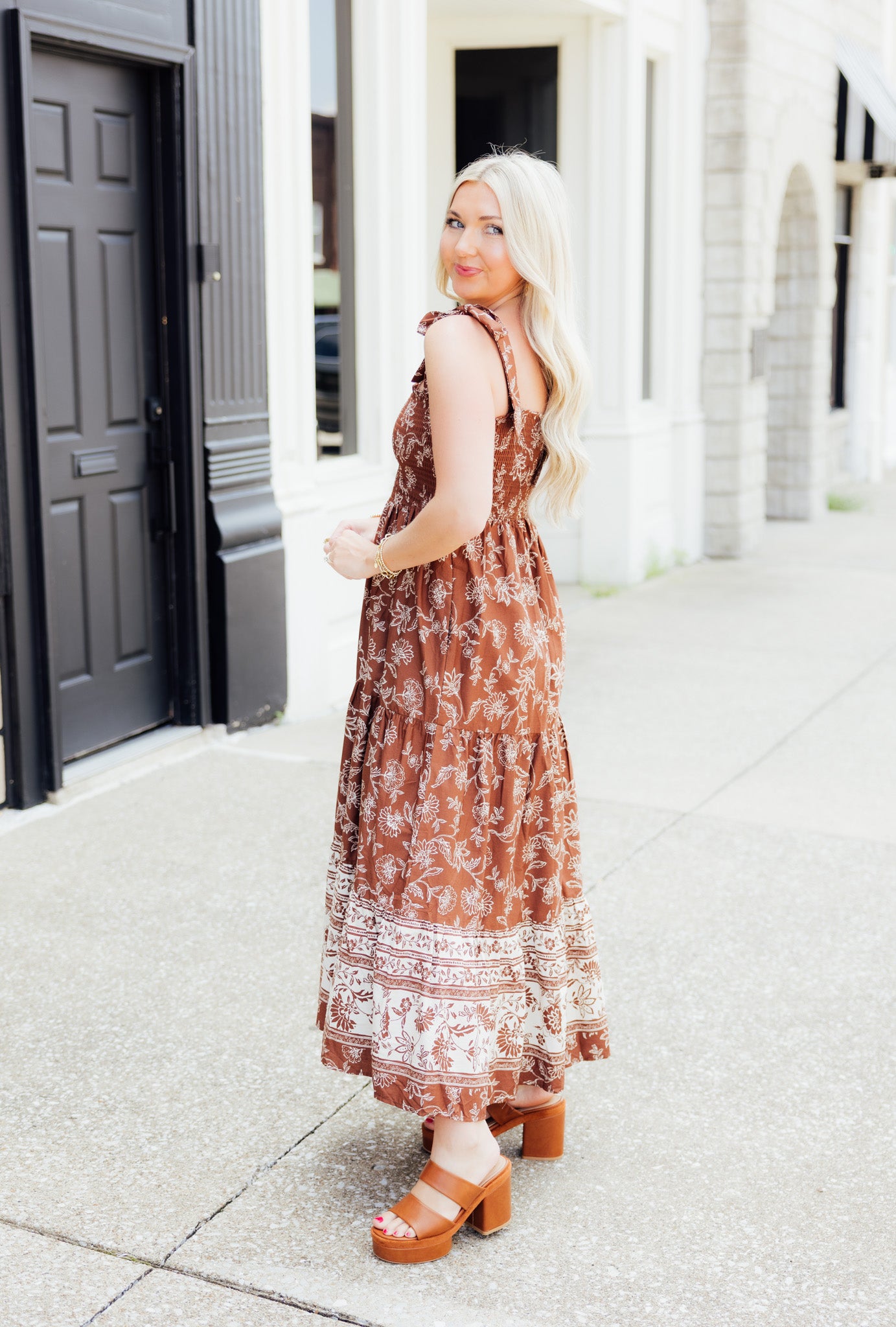 Brown Floral Tie Maxi Dress