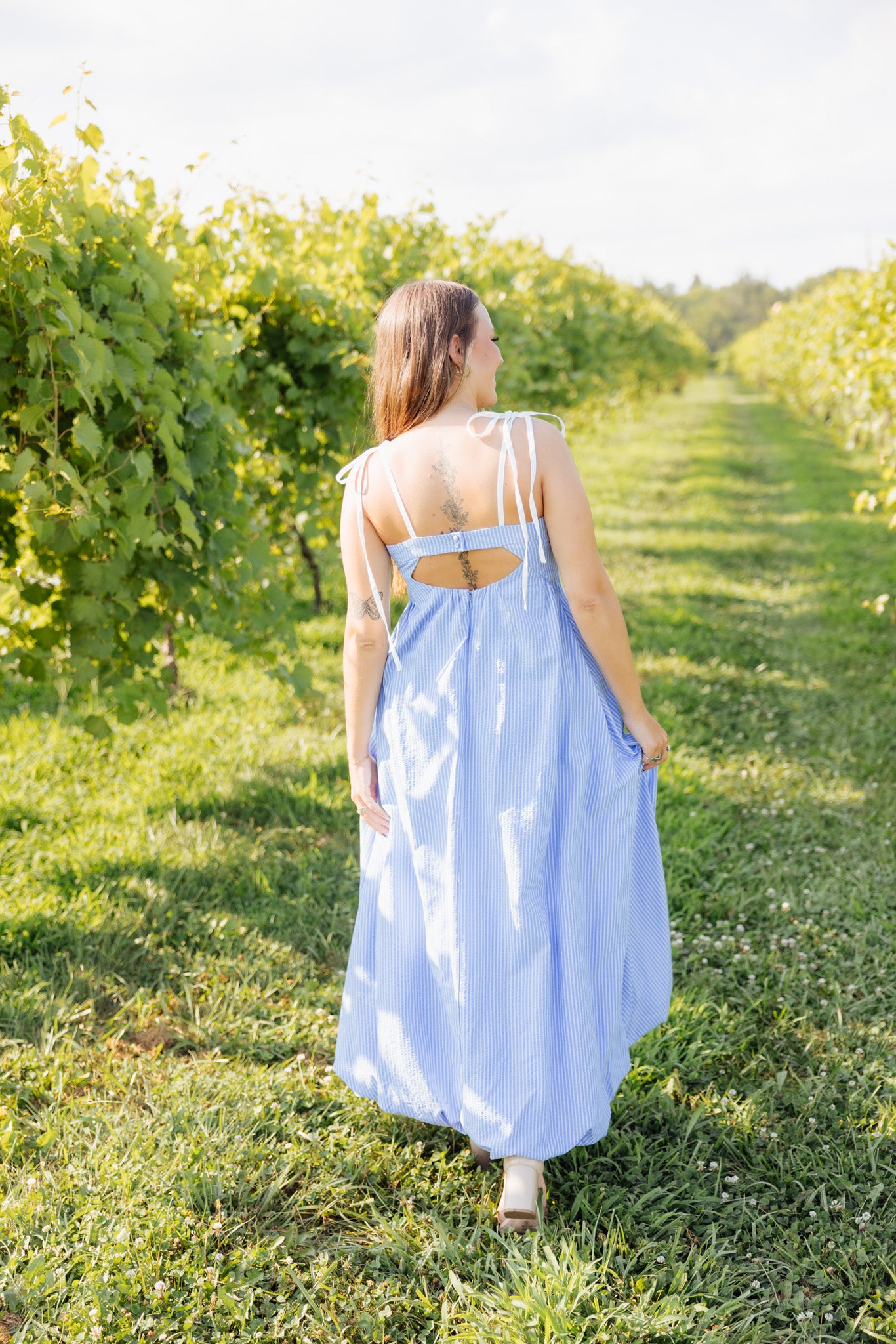 Blue Stripe Bubble Hem Maxi Dress