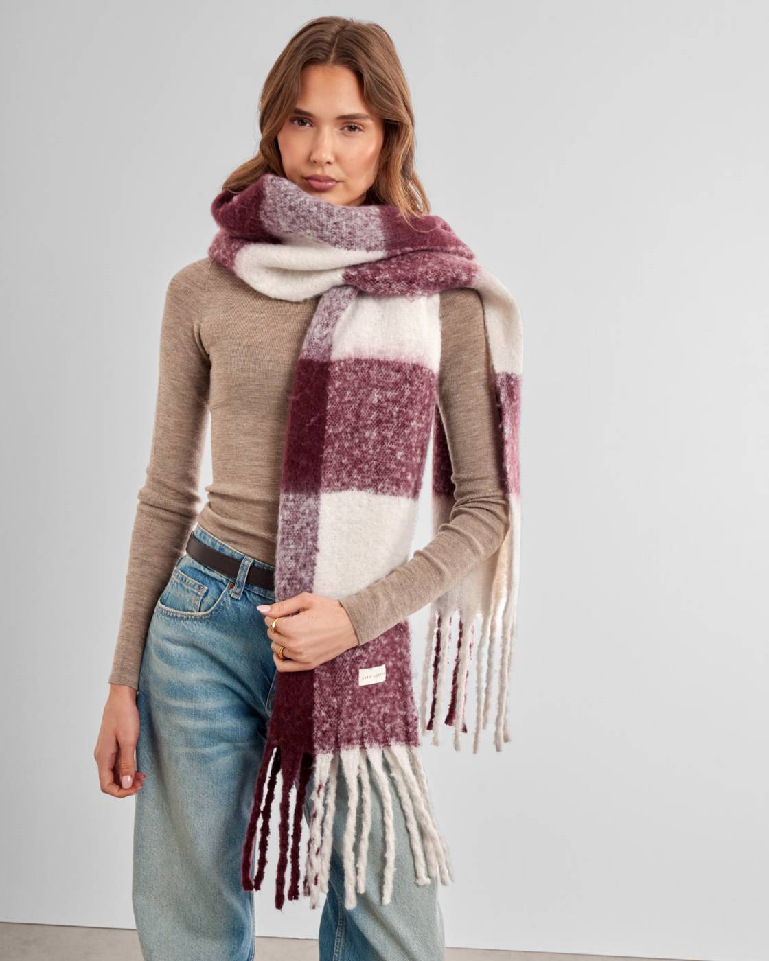Maroon Checked Tassel Scarf