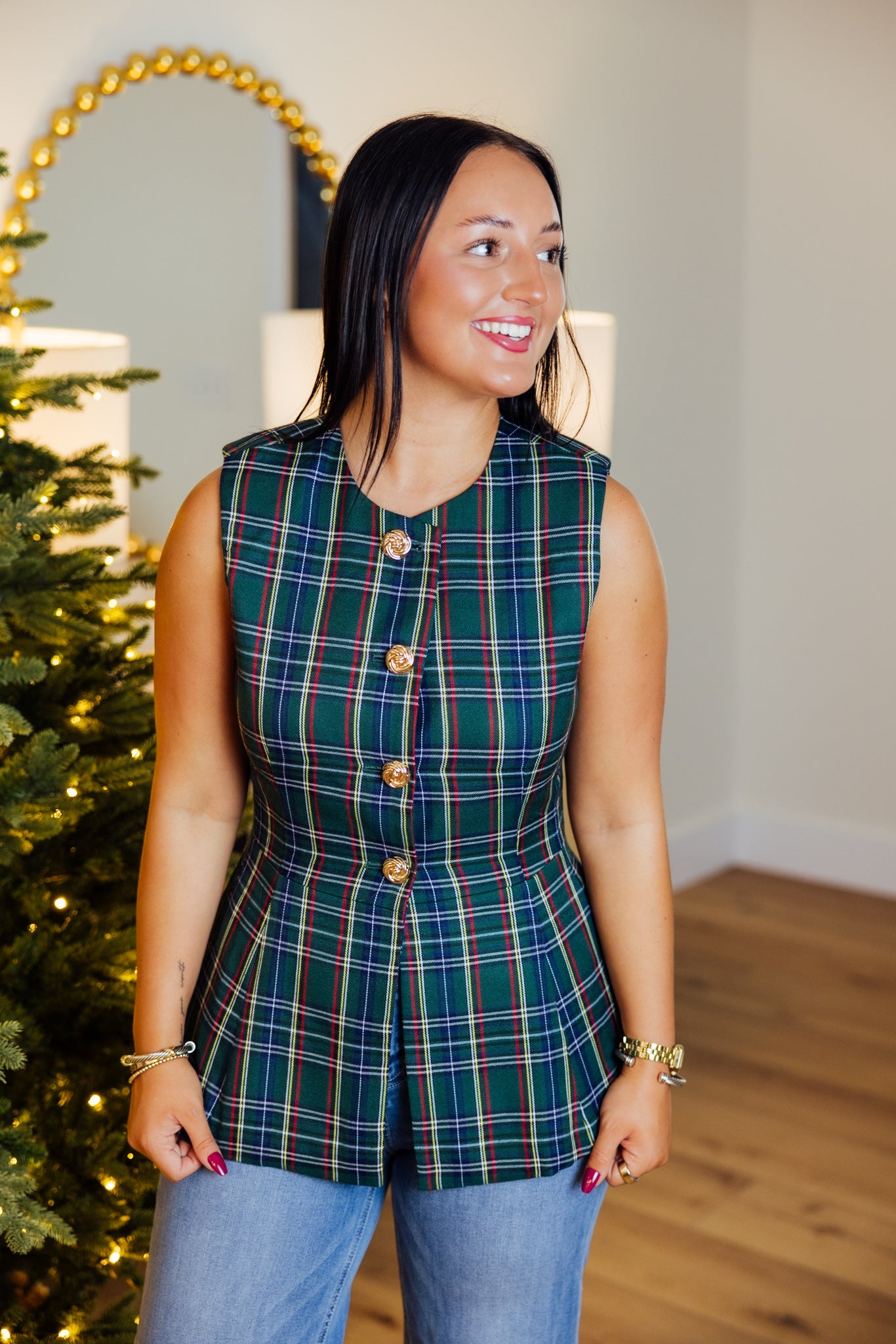 Green Plaid Fitted Vest